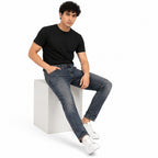 Men's Greenish Blue Whiskered Slim Fit Casual Denim Jeans