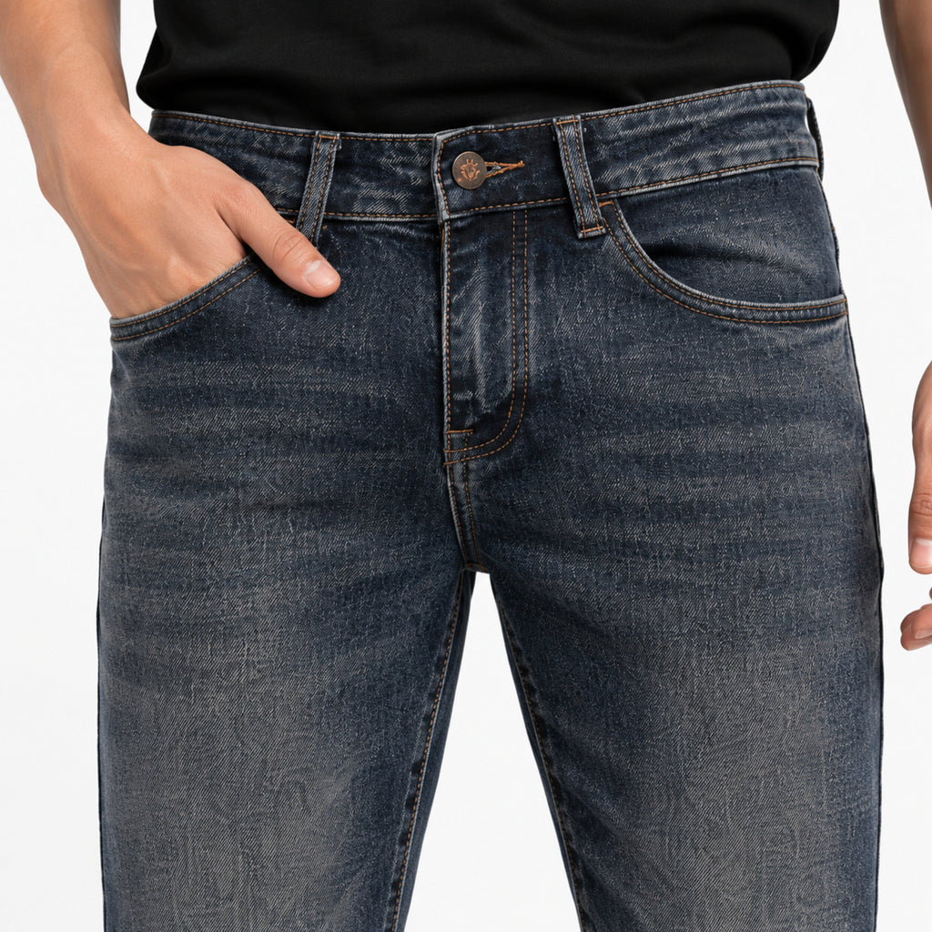Men's Greenish Blue Whiskered Slim Fit Casual Denim Jeans