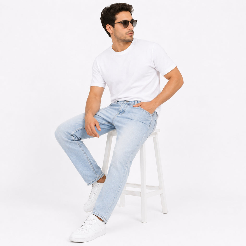 Men's Light Blue Ice-Wash Regular Fit Casual Denim Jeans