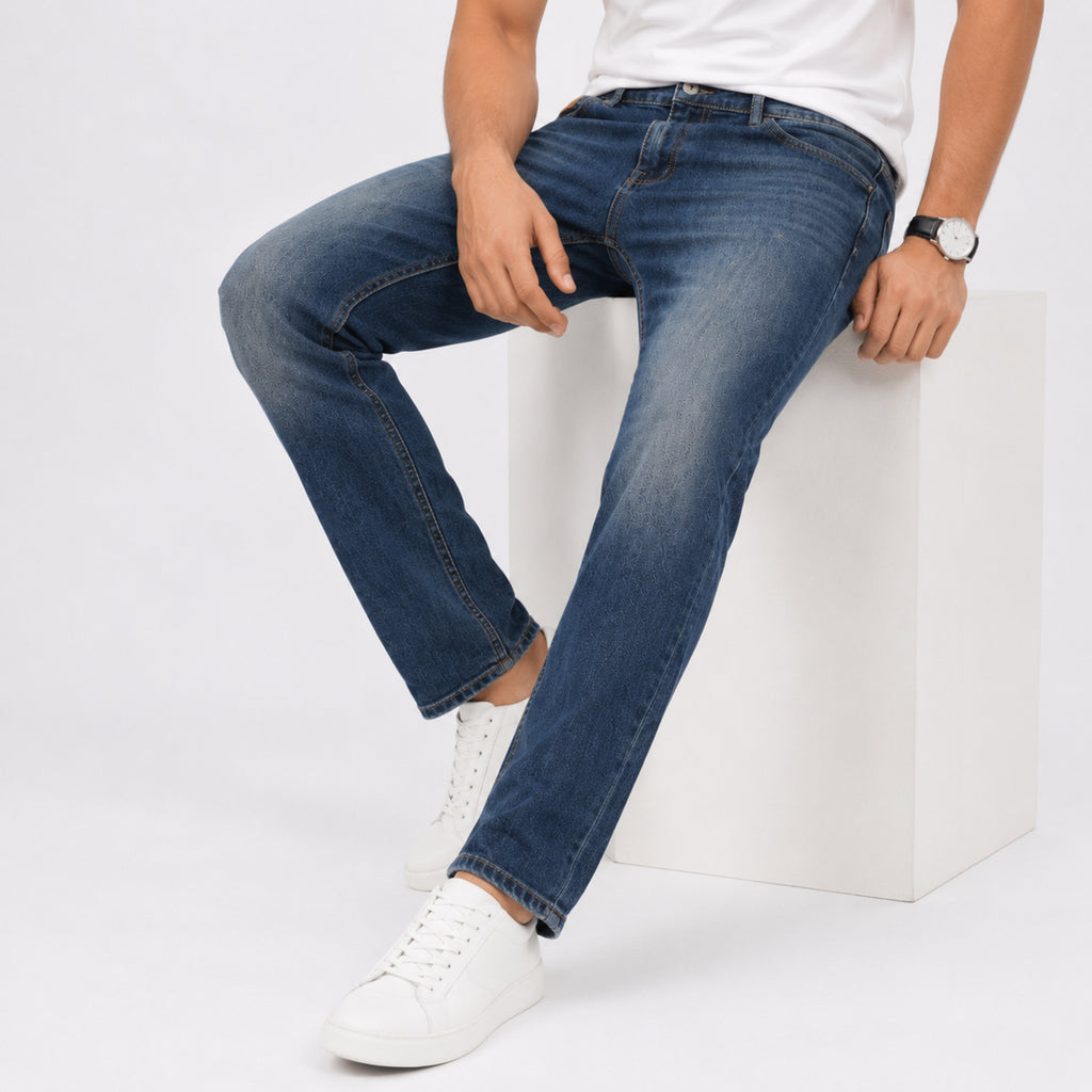 Men's Greenish Blue Faded Regular Fit Casual Denim Jeans