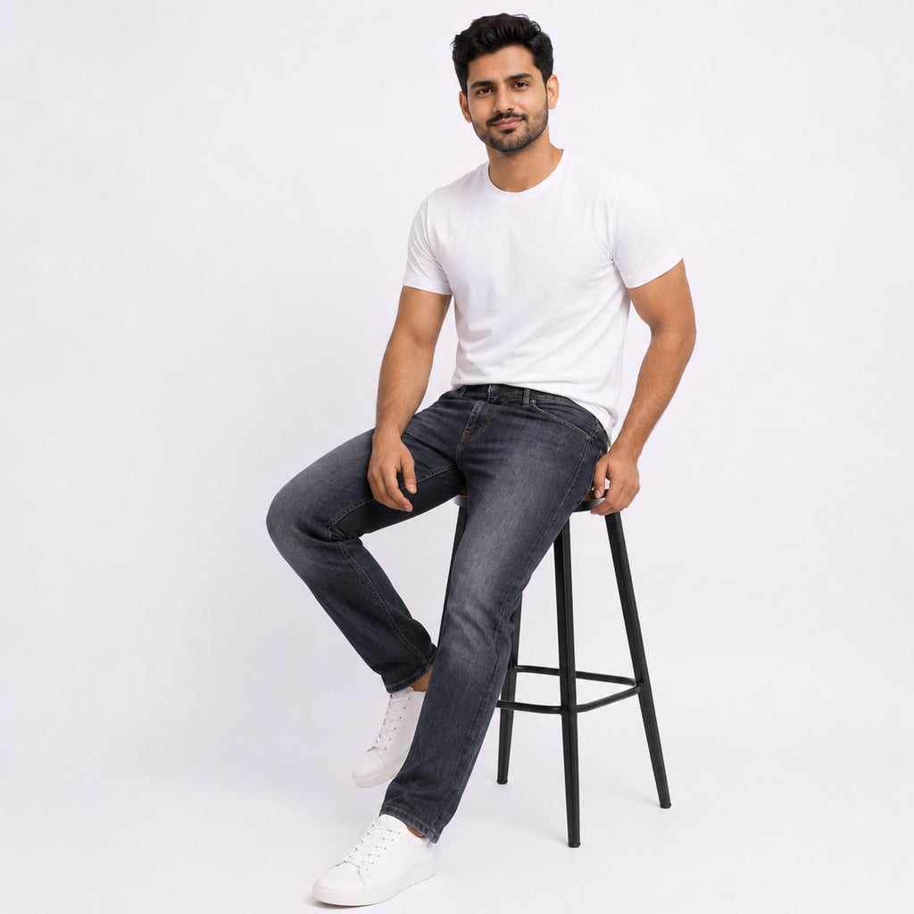 Men's Dark Grey Faded Regular Fit Casual Denim Jeans