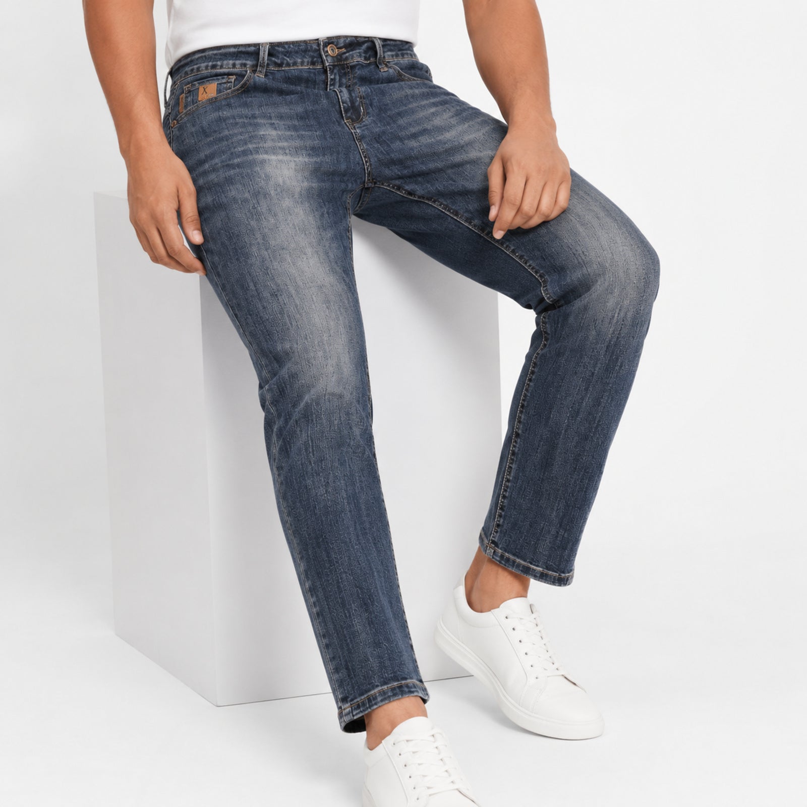 Men's Dark Blue Whiskered Regular Fit Casual Denim Jeans