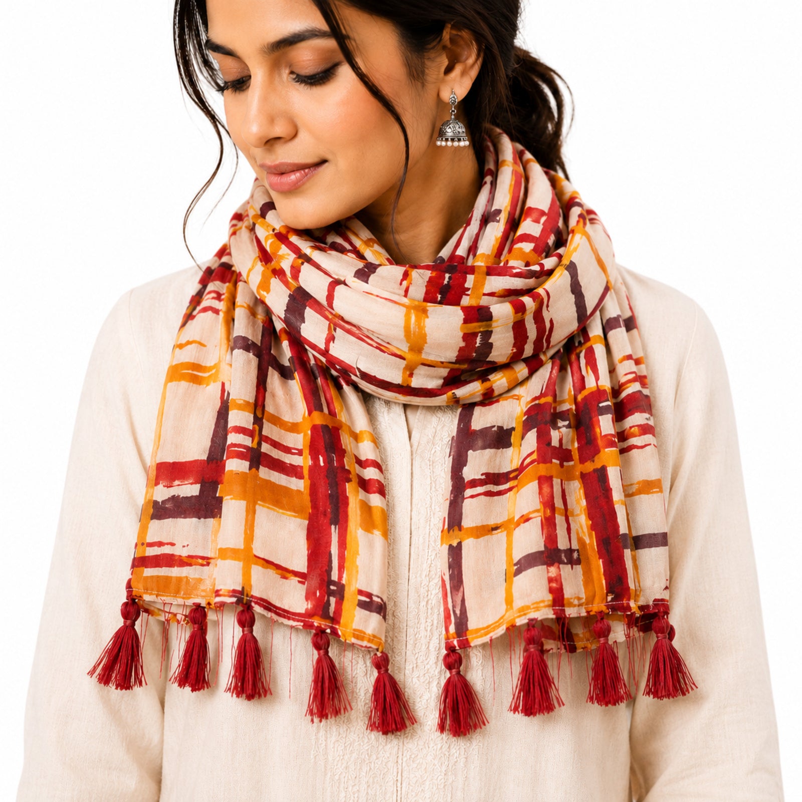 Women's Rust Orange Checkered Tassel Scarf