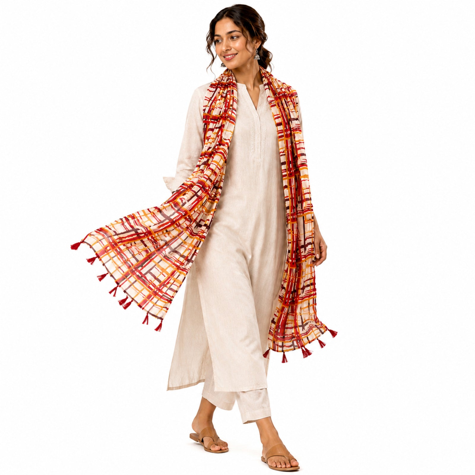 Women's Rust Orange Checkered Tassel Scarf