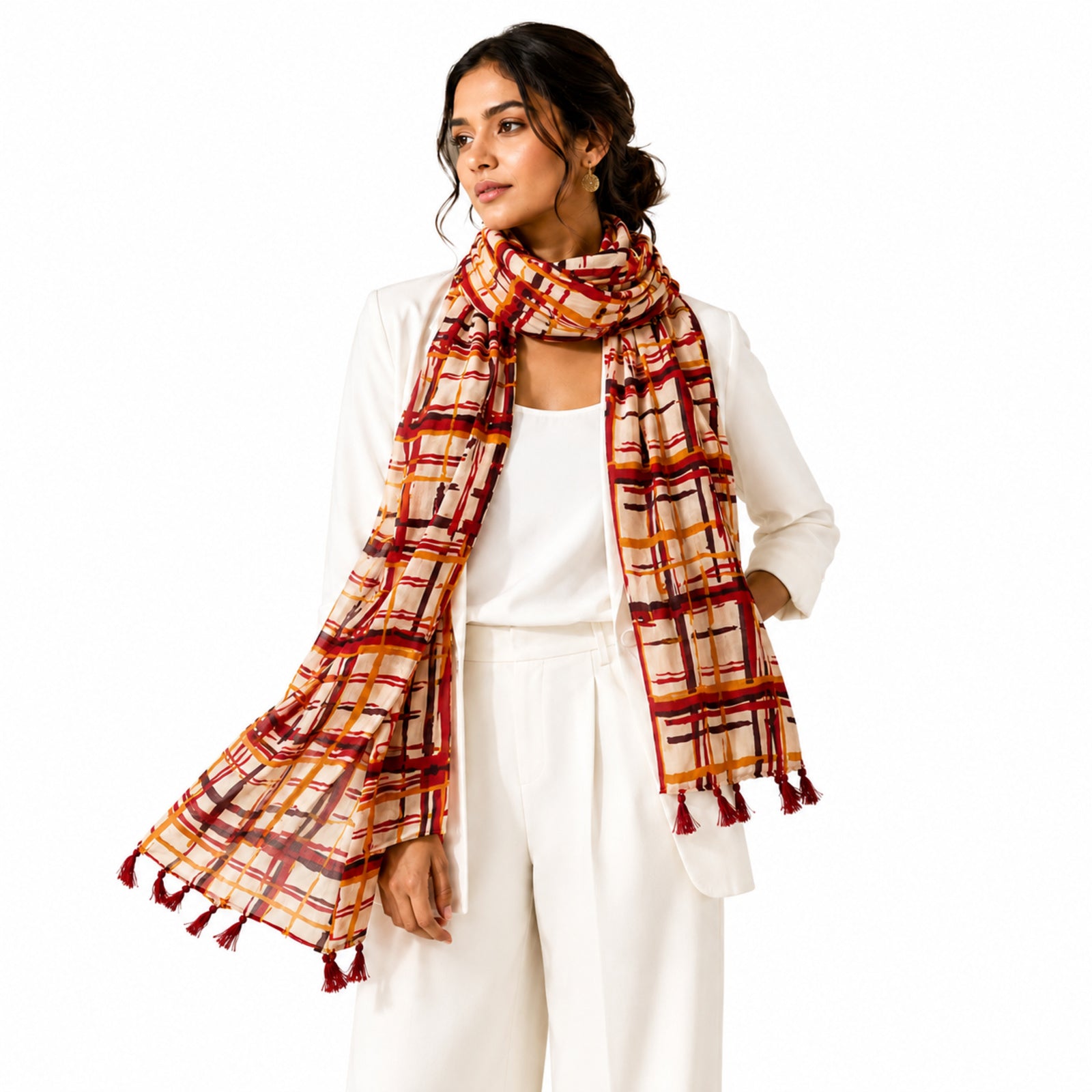 Women's Rust Orange Checkered Tassel Scarf