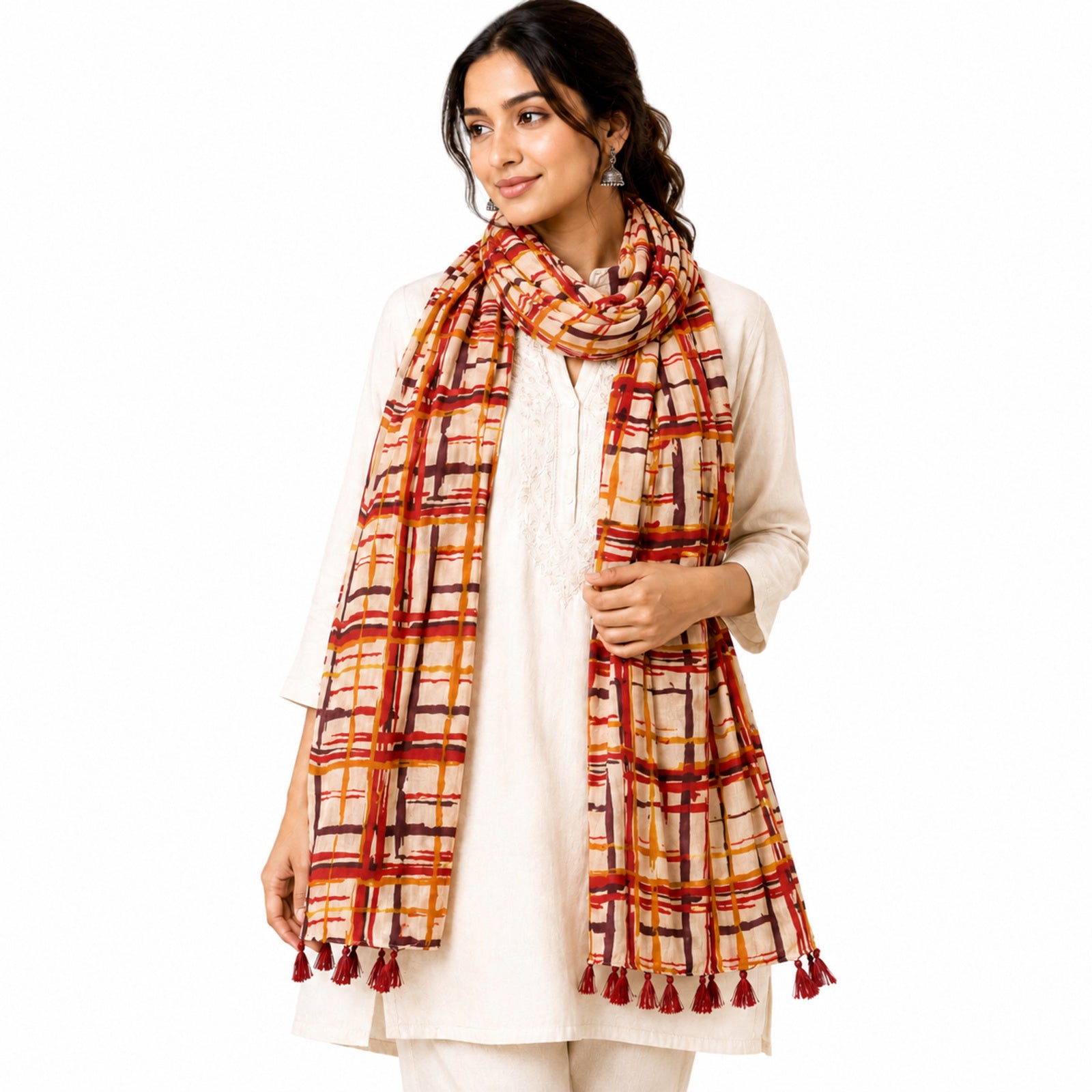 Women's Rust Orange Checkered Tassel Scarf