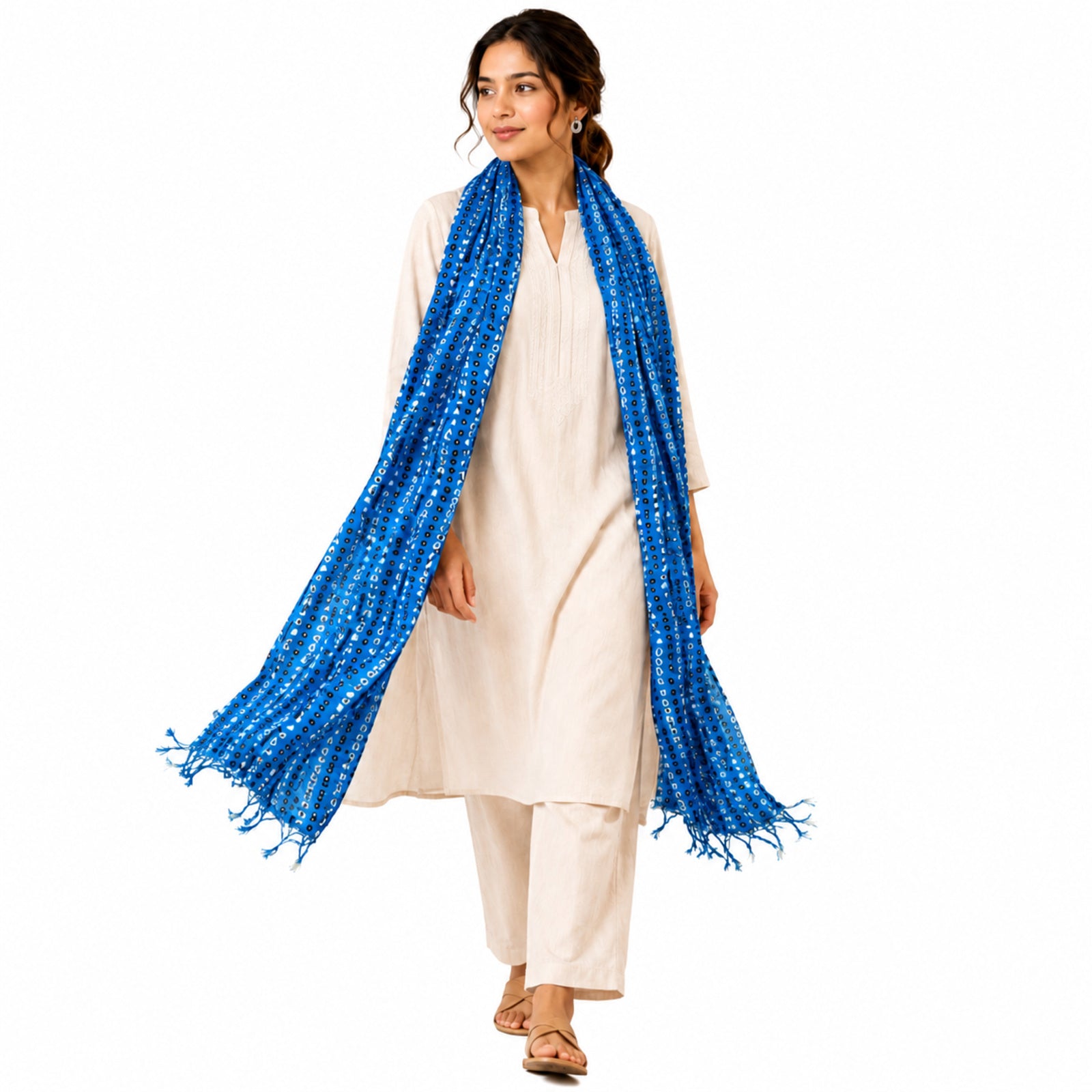 Women's Royal Blue Embroidered Tassel Scarf