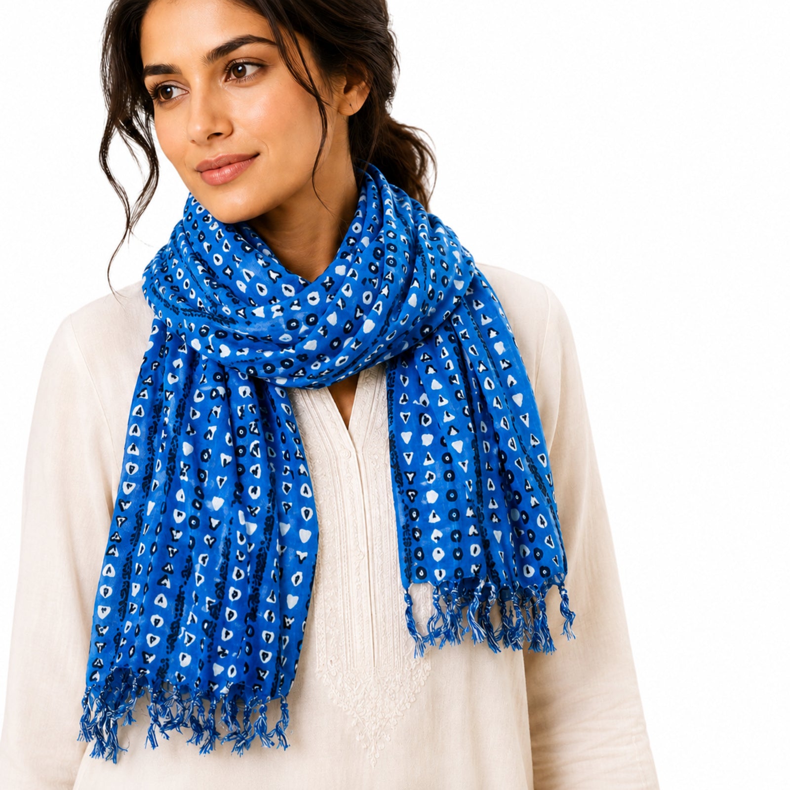 Women's Royal Blue Embroidered Tassel Scarf