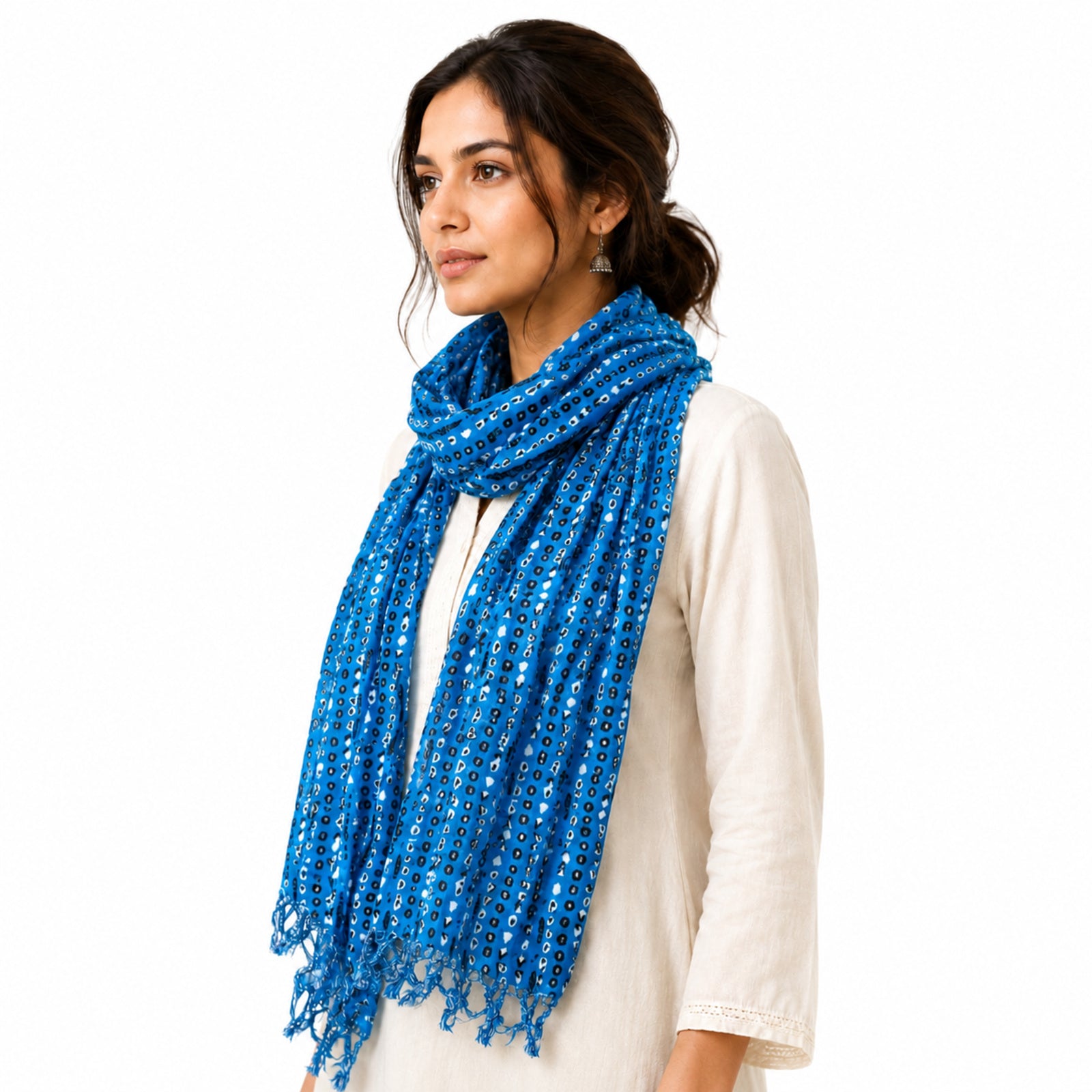 Women's Royal Blue Embroidered Tassel Scarf
