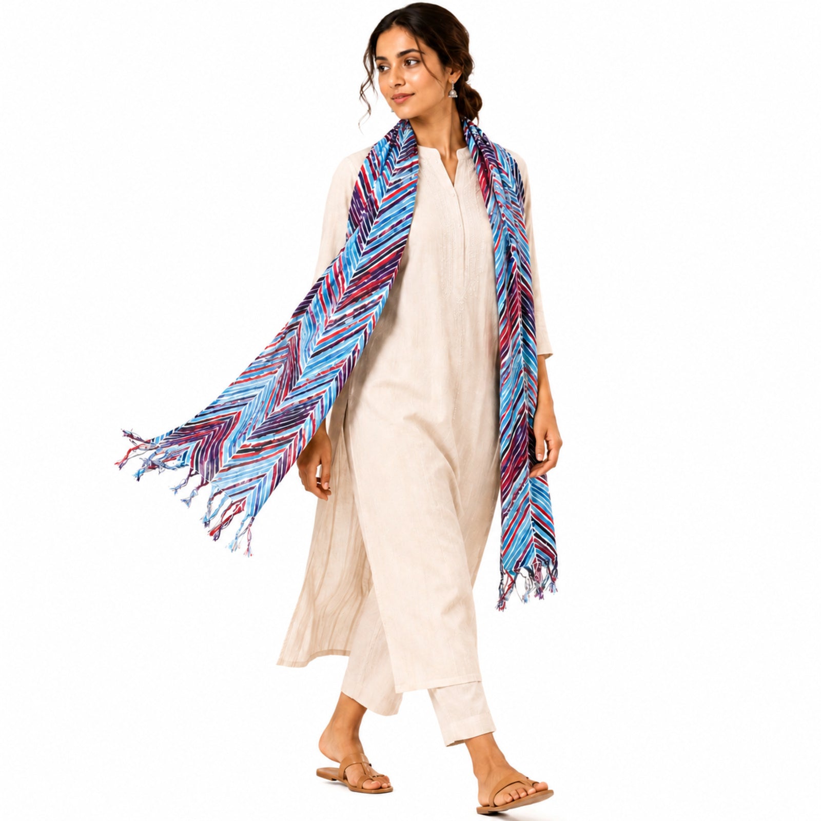 Women's Blue Chevron Striped Tassel Scarf