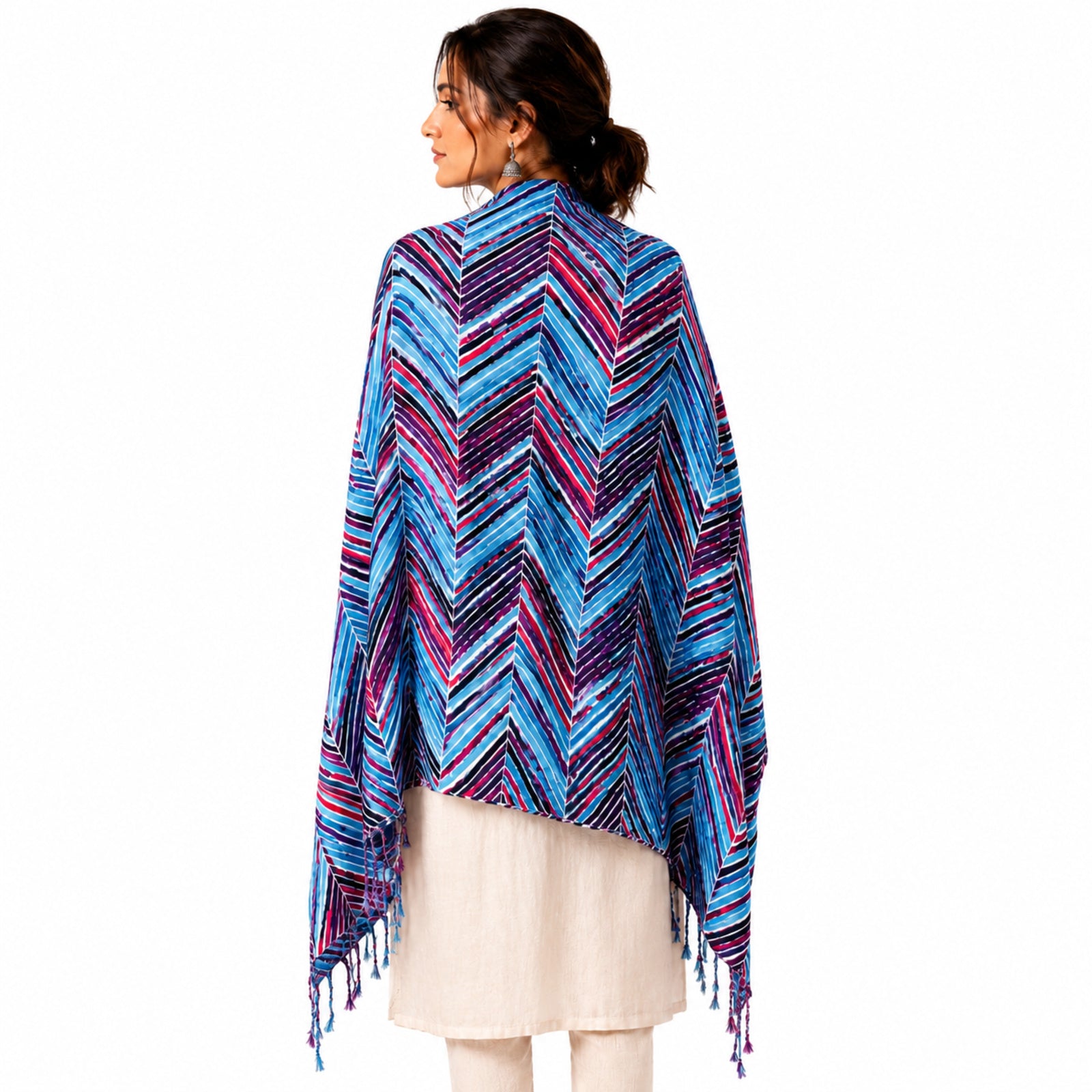 Women's Blue Chevron Striped Tassel Scarf