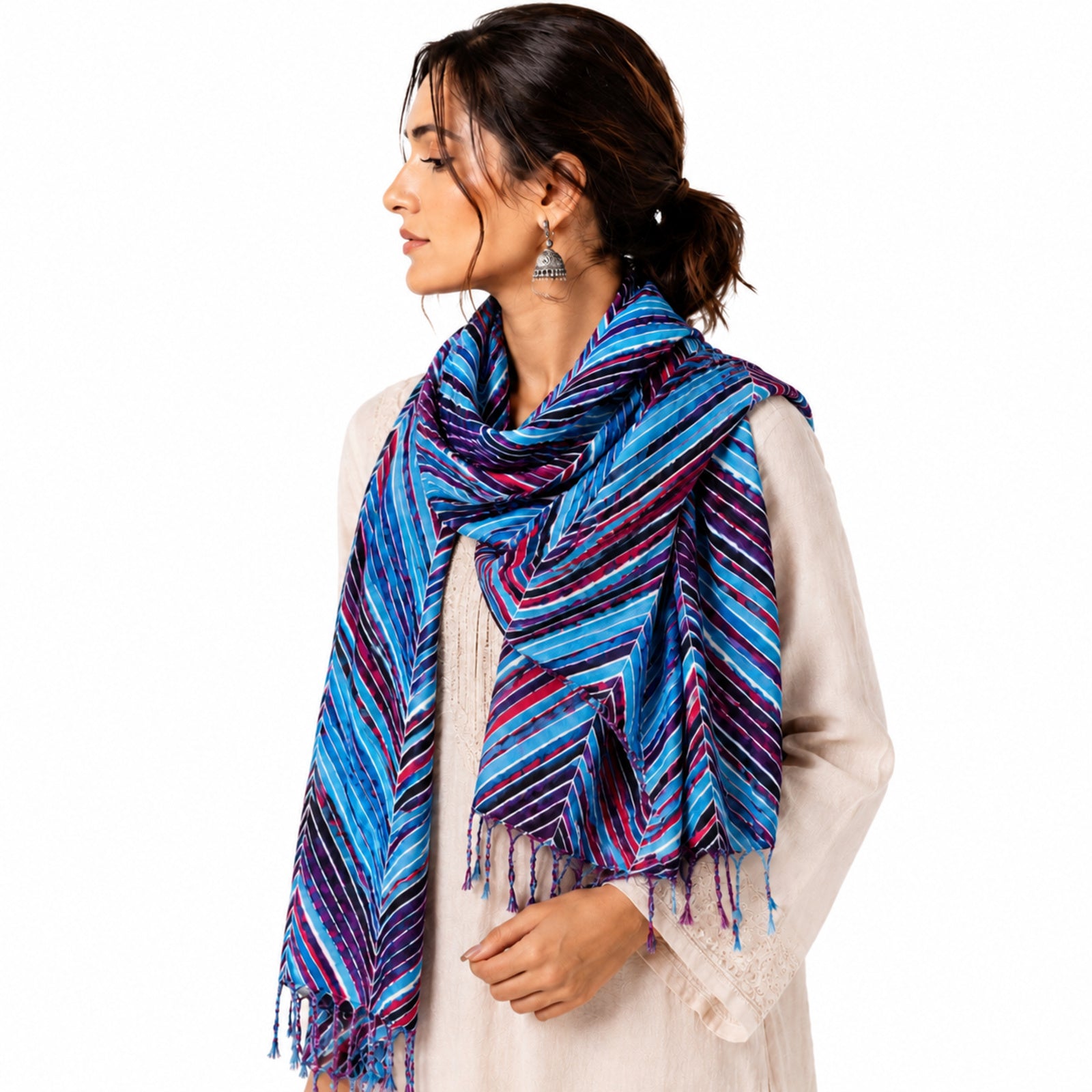 Women's Blue Chevron Striped Tassel Scarf