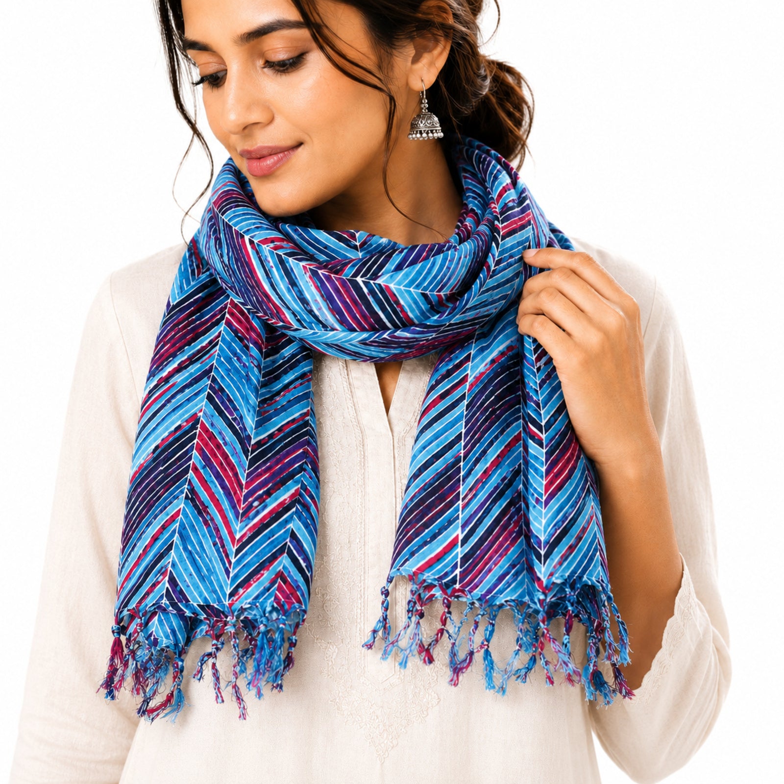 Women's Blue Chevron Striped Tassel Scarf