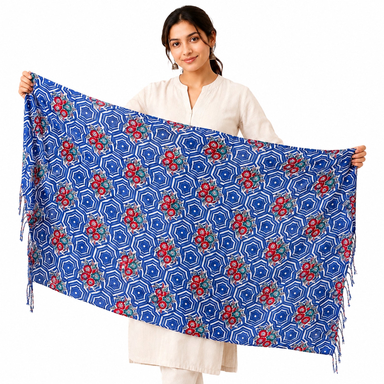 Women's Blue Geometric Printed Tassel Scarf