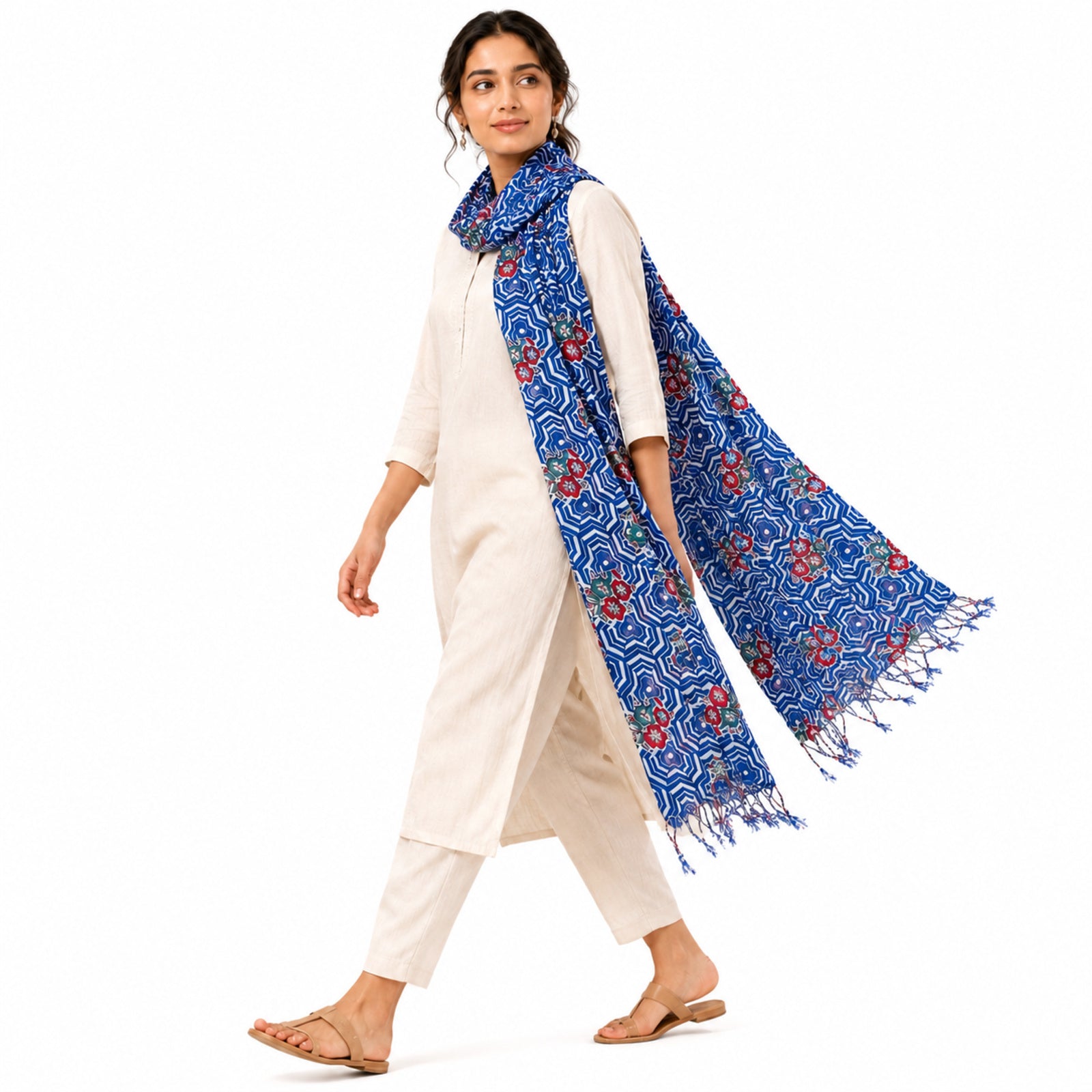 Women's Blue Geometric Printed Tassel Scarf
