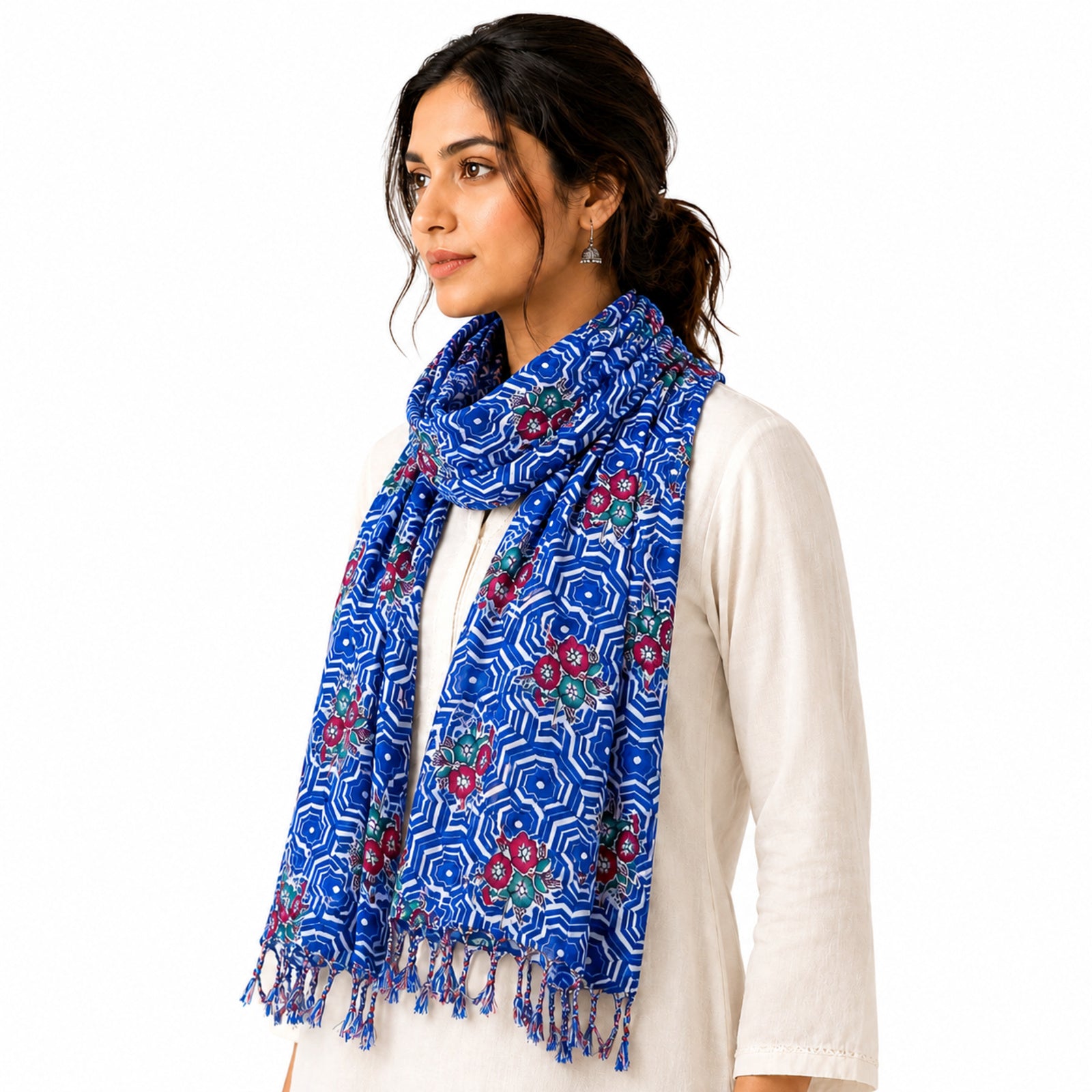 Women's Blue Geometric Printed Tassel Scarf
