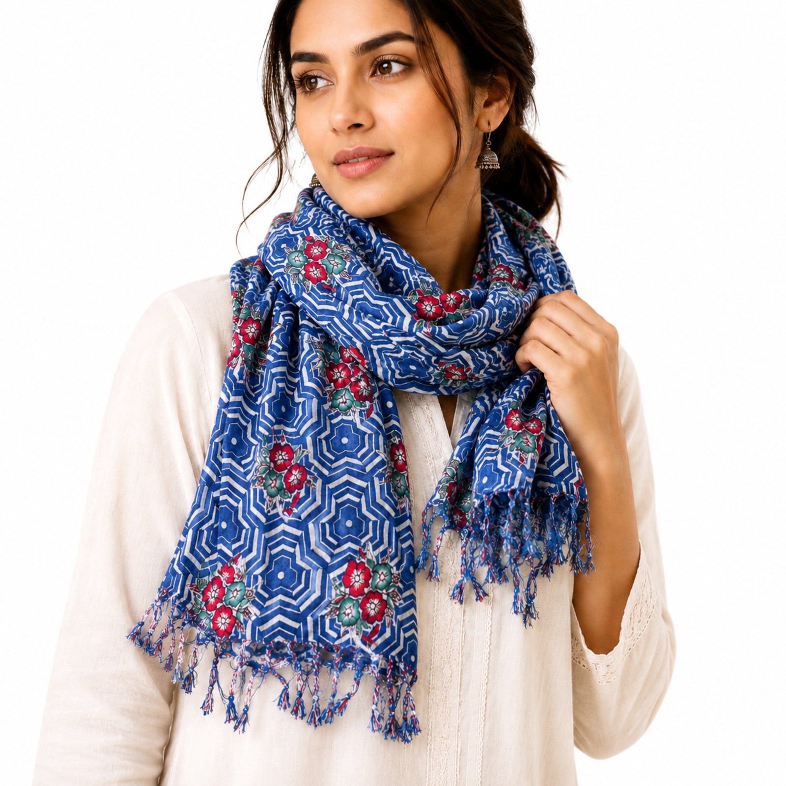 Women's Blue Geometric Printed Tassel Scarf