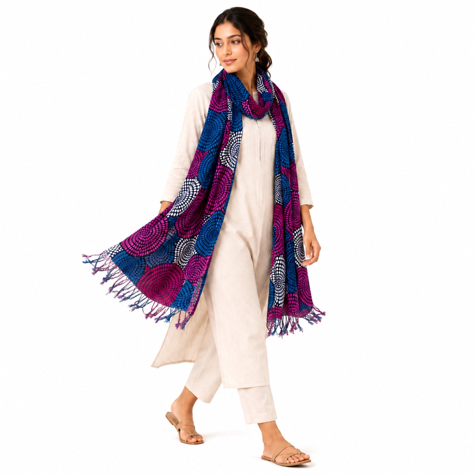 Women's Blue & Purple Circular Print Tassel Scarf