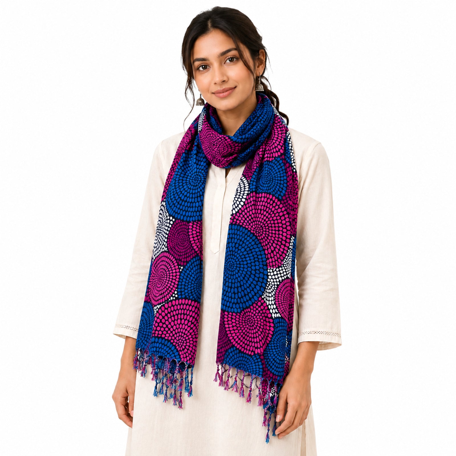 Women's Blue & Purple Circular Print Tassel Scarf