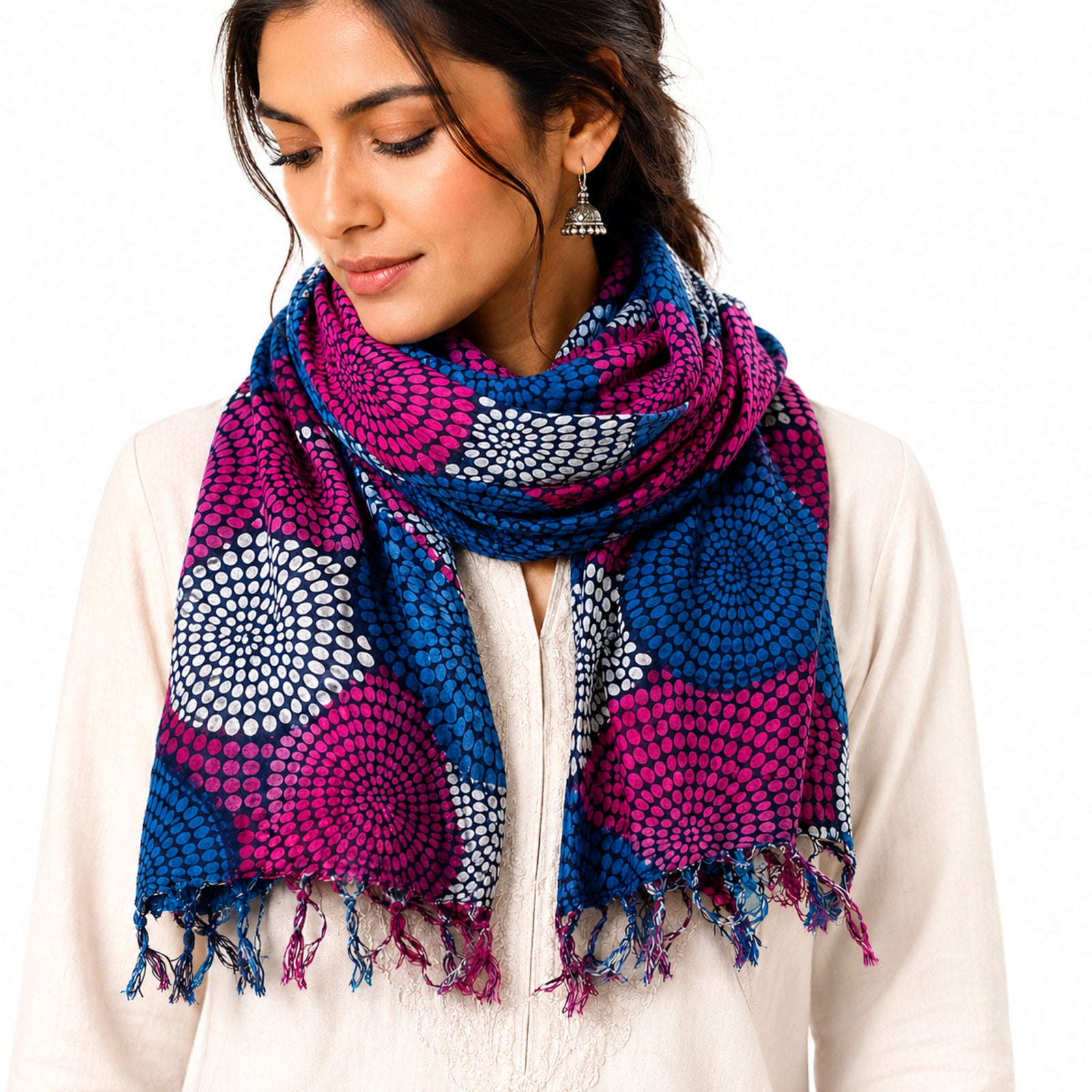 Women's Blue & Purple Circular Print Tassel Scarf