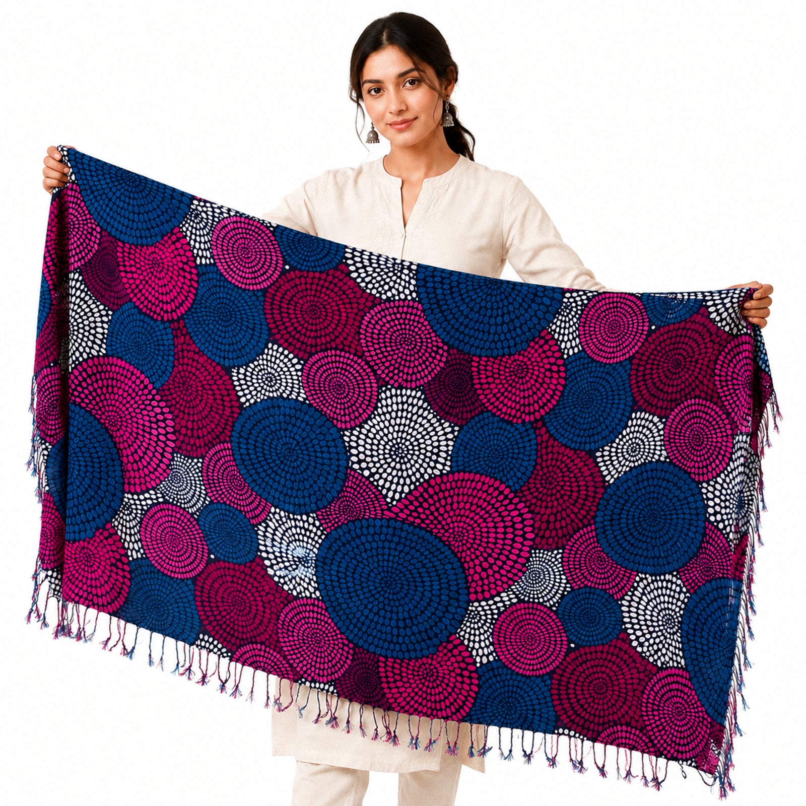 Women's Blue & Purple Circular Print Tassel Scarf