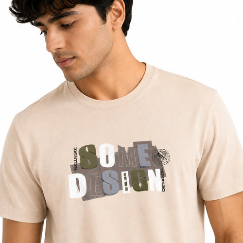 Men's Cream Graphic Printed Casual T-Shirt