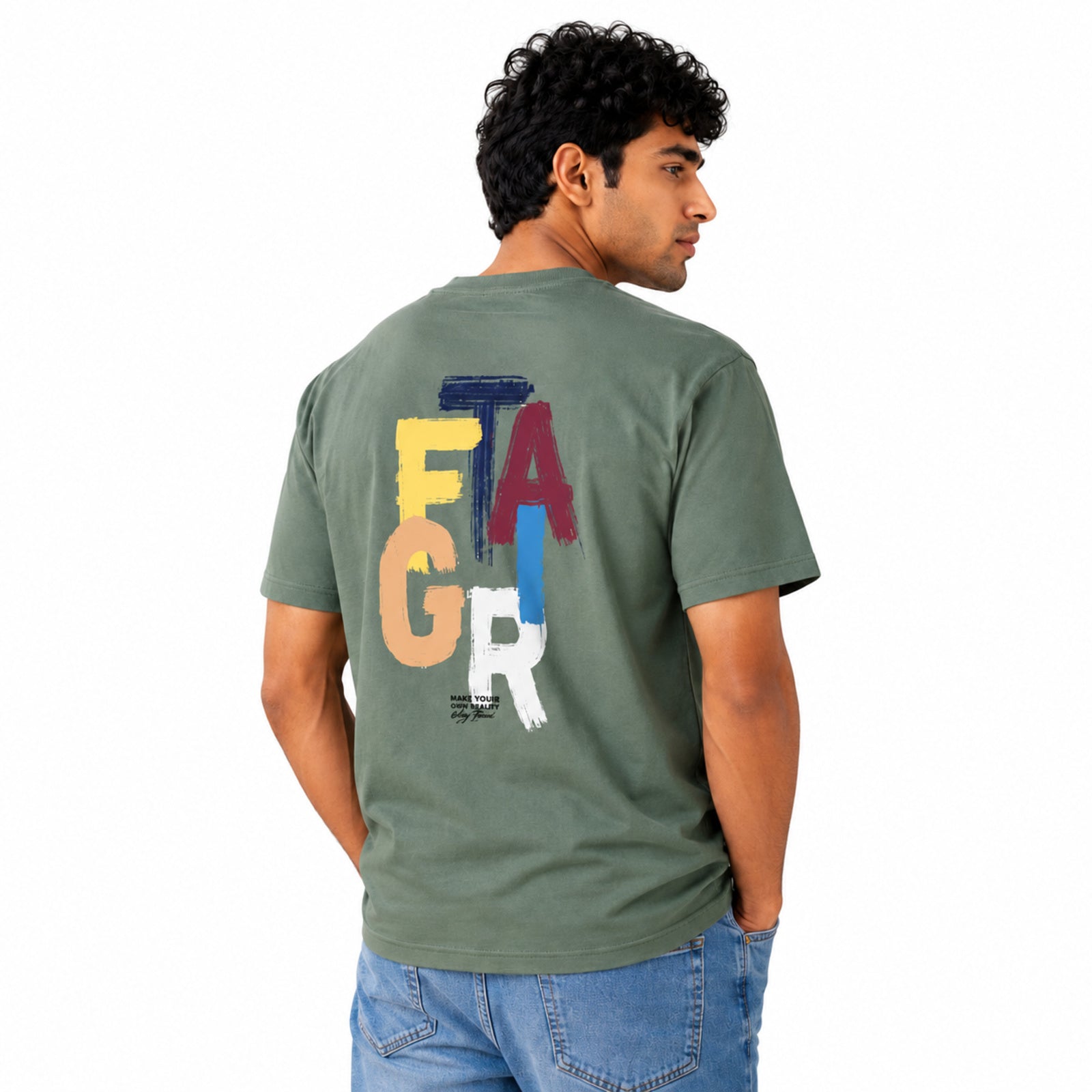 Men's Sage Green Minimal Graphic Casual T-Shirt