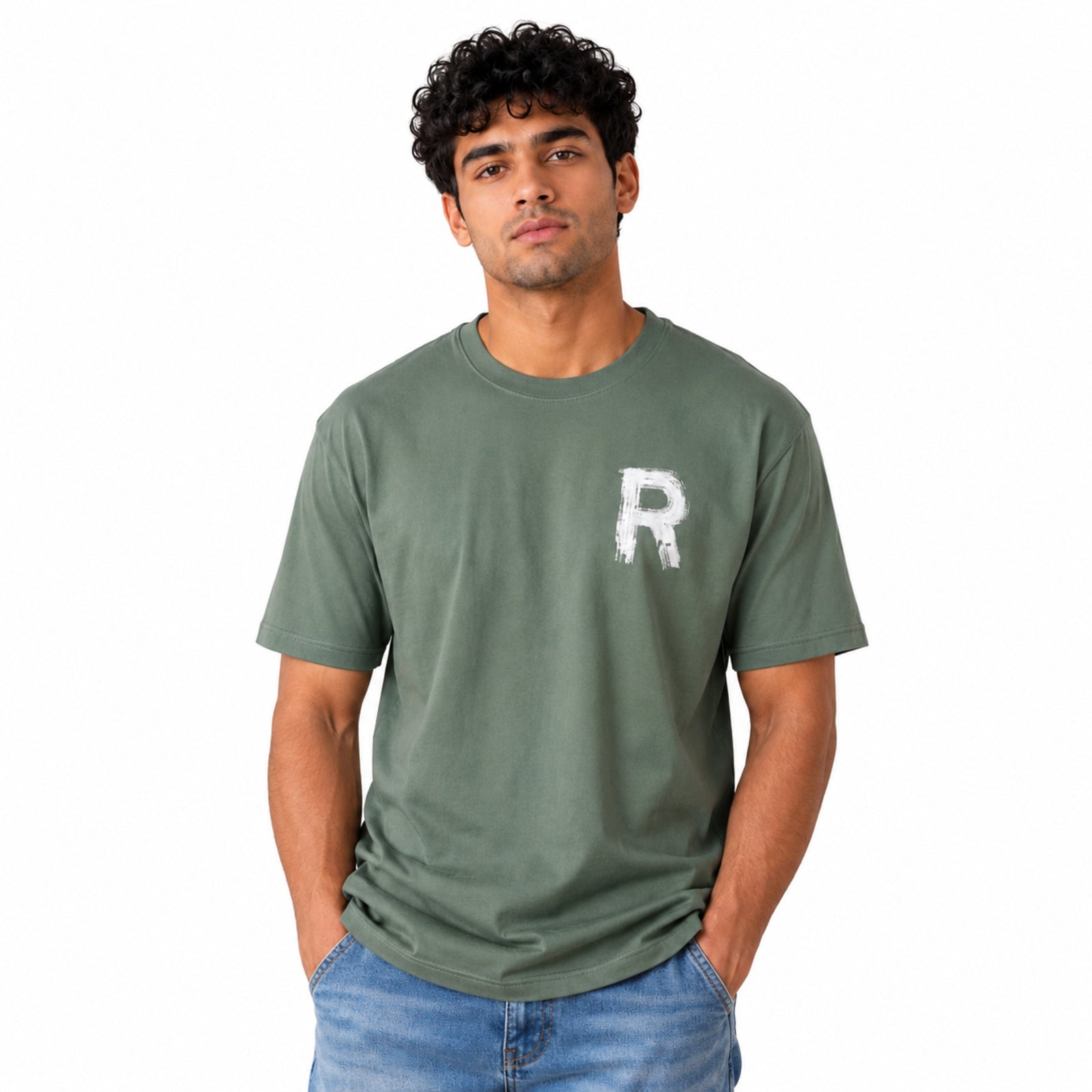 Men's Sage Green Minimal Graphic Casual T-Shirt