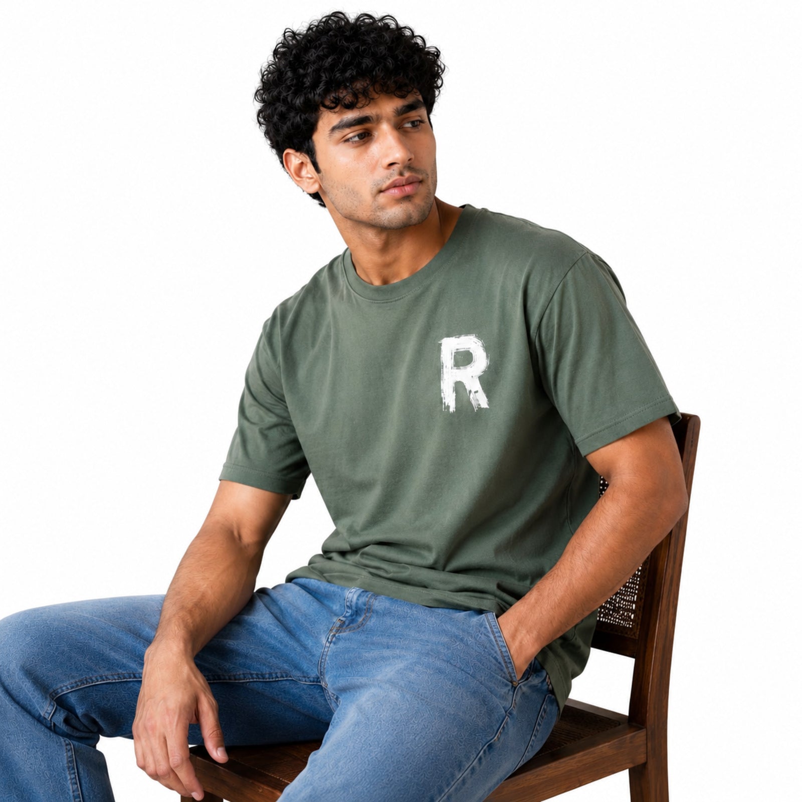 Men's Sage Green Minimal Graphic Casual T-Shirt
