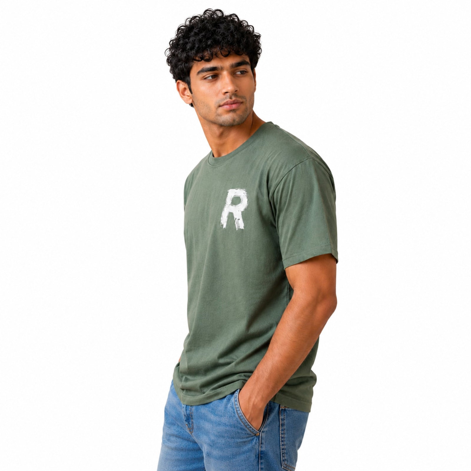 Men's Sage Green Minimal Graphic Casual T-Shirt
