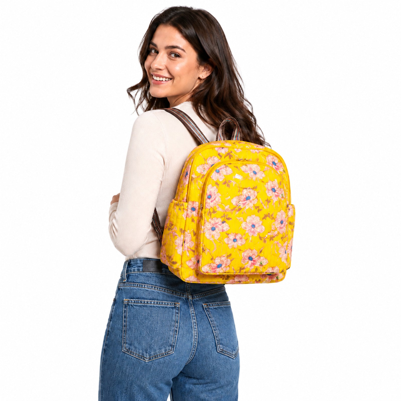 Women's Michael Floral Printed Yellow Quilted Backpack