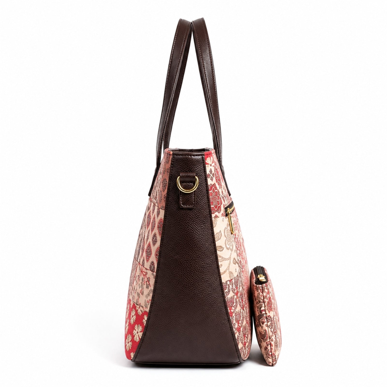 Women's Luxury Patchwork Pink Floral Tote Bag and Matching Pouch Set