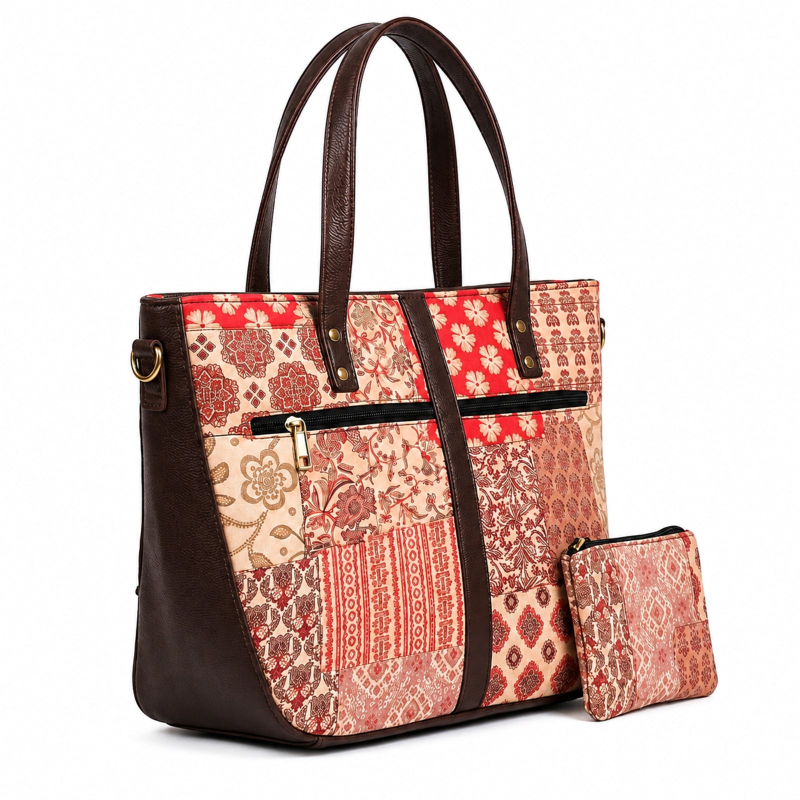 Women's Luxury Patchwork Pink Floral Tote Bag and Matching Pouch Set