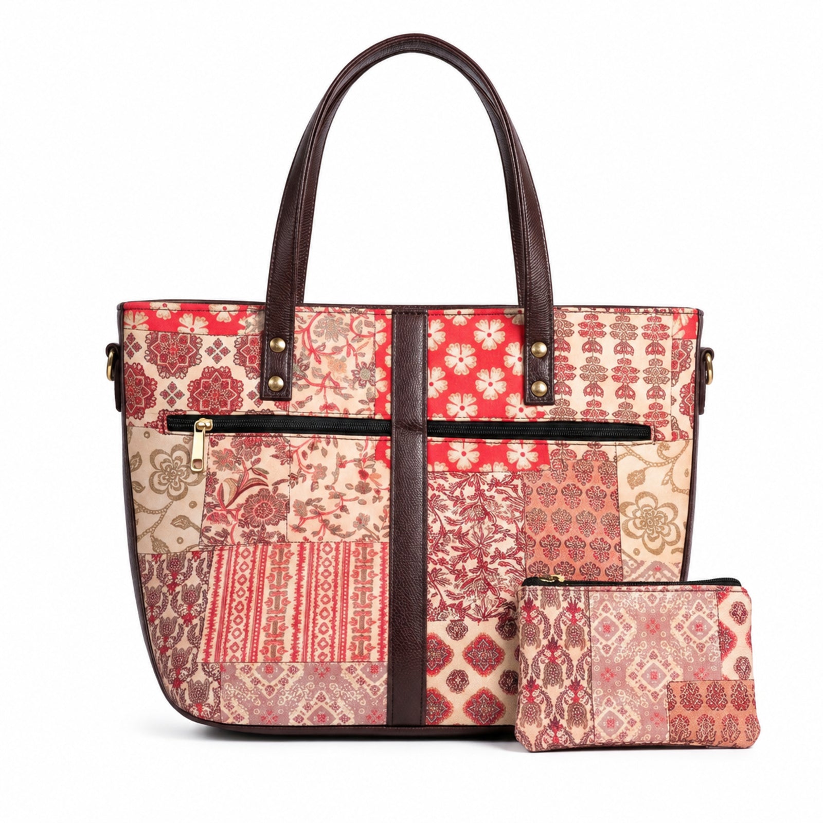 Women's Luxury Patchwork Pink Floral Tote Bag and Matching Pouch Set