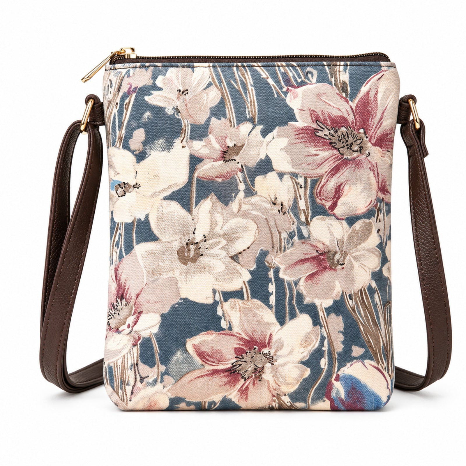 Women's Cream Floral Print Crossbody Sling Bag with Multi-Zip Compartments