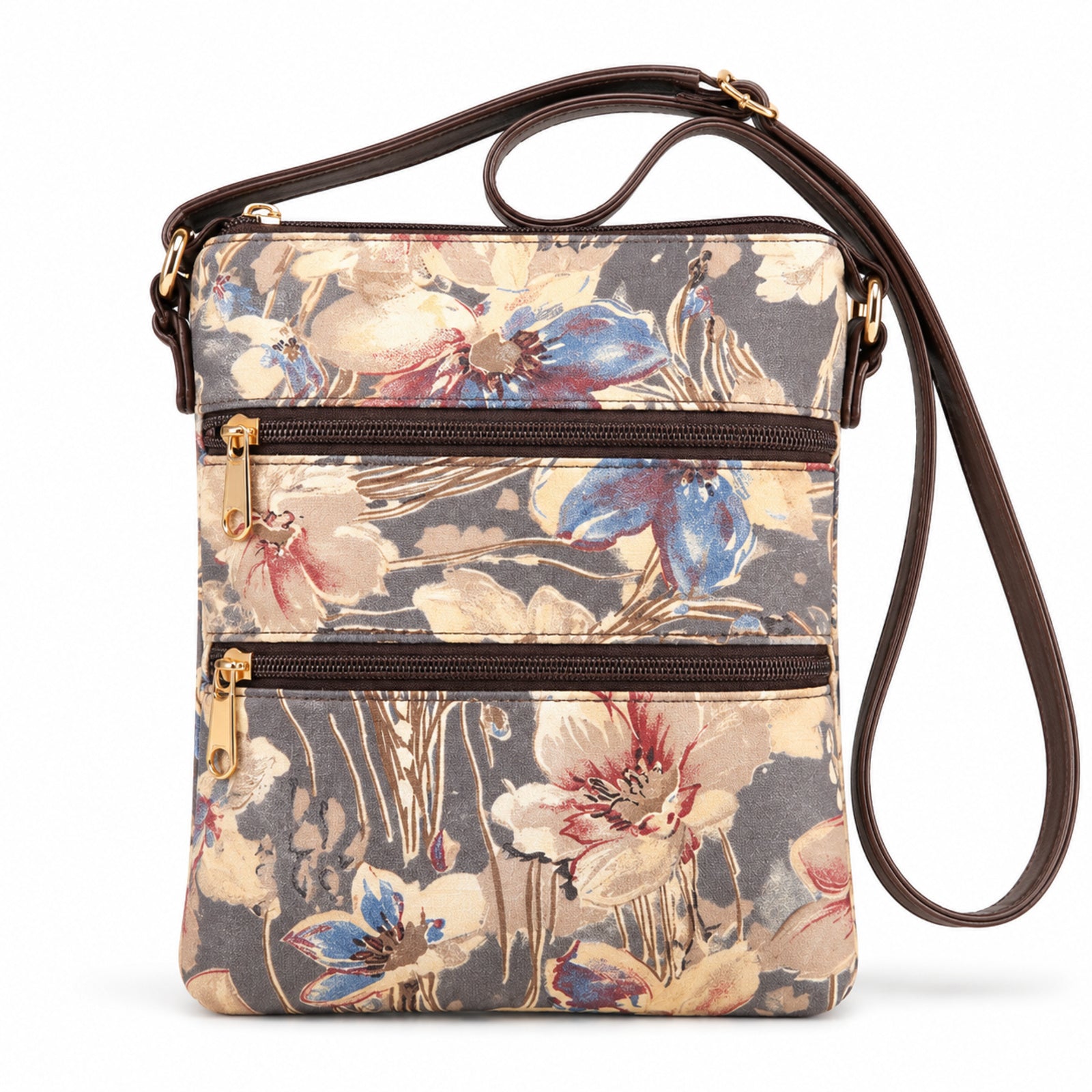Women's Cream Floral Print Crossbody Sling Bag with Multi-Zip Compartments