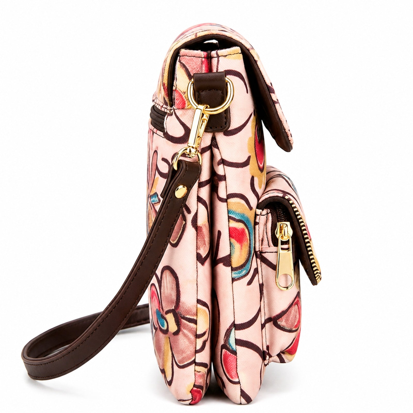 Women's Light Pink Floral Print Crossbody Sling Bag with Adjustable Strap