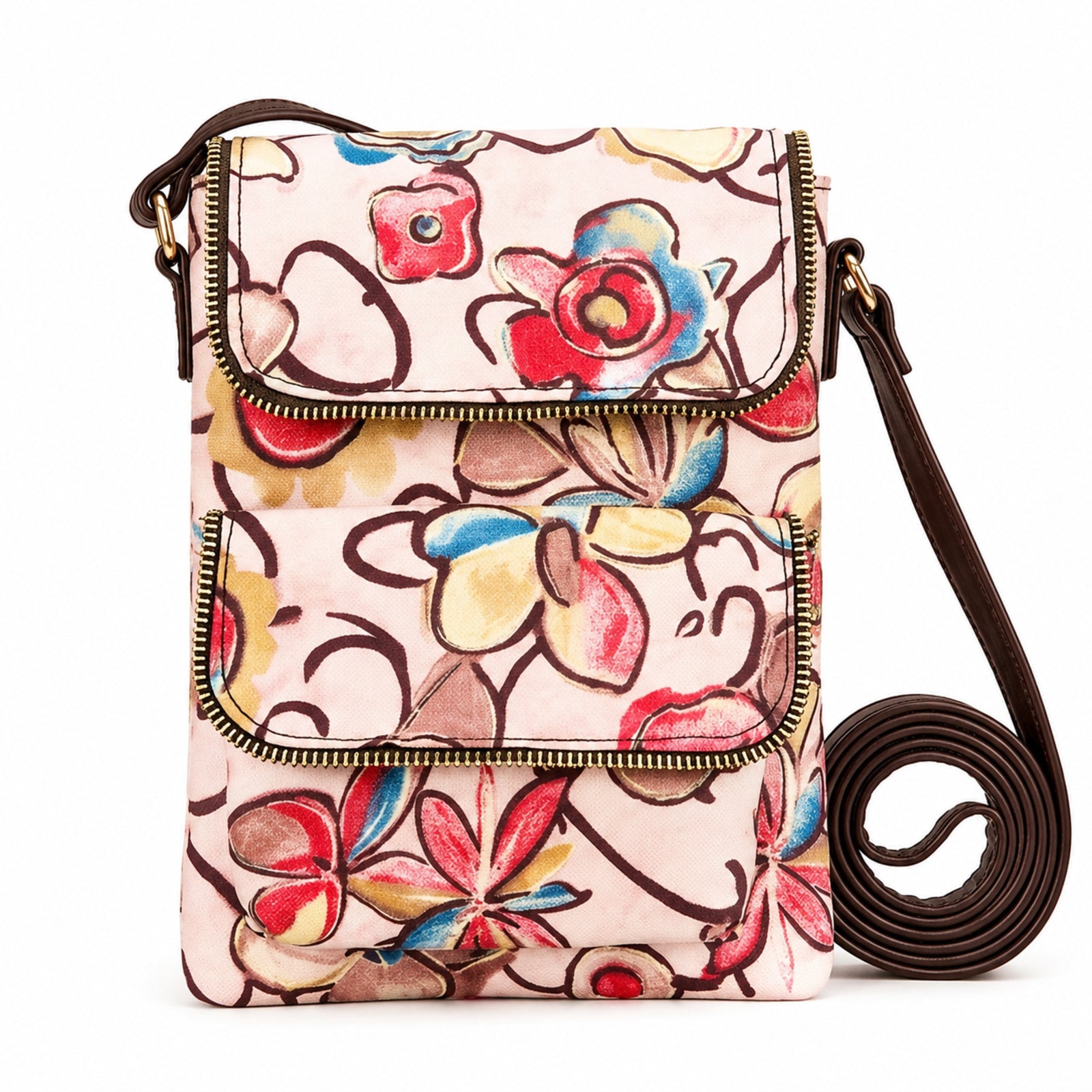 Women's Light Pink Floral Print Crossbody Sling Bag with Adjustable Strap