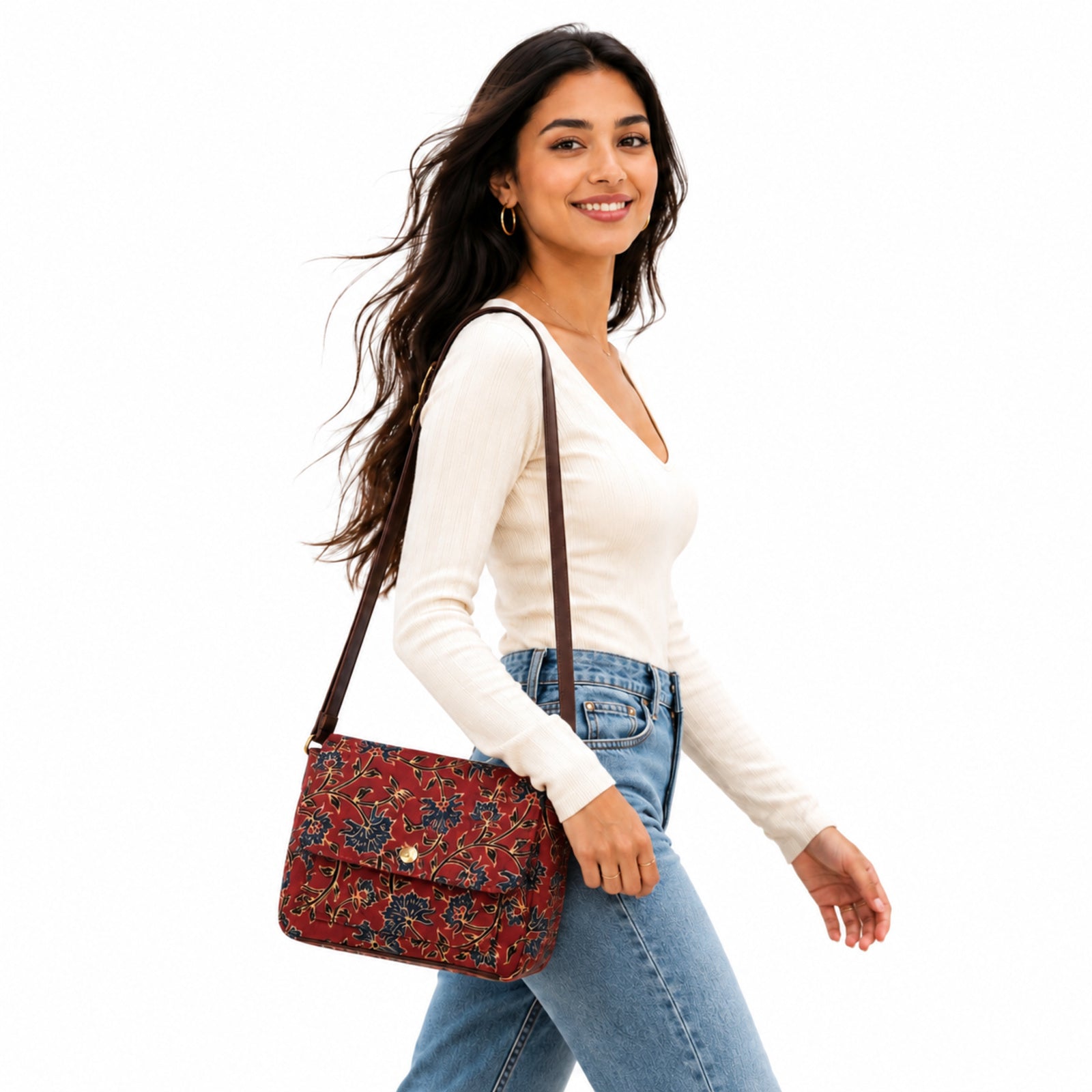 Women's Maroon Floral Printed Crossbody Sling Bag with Flap Closure