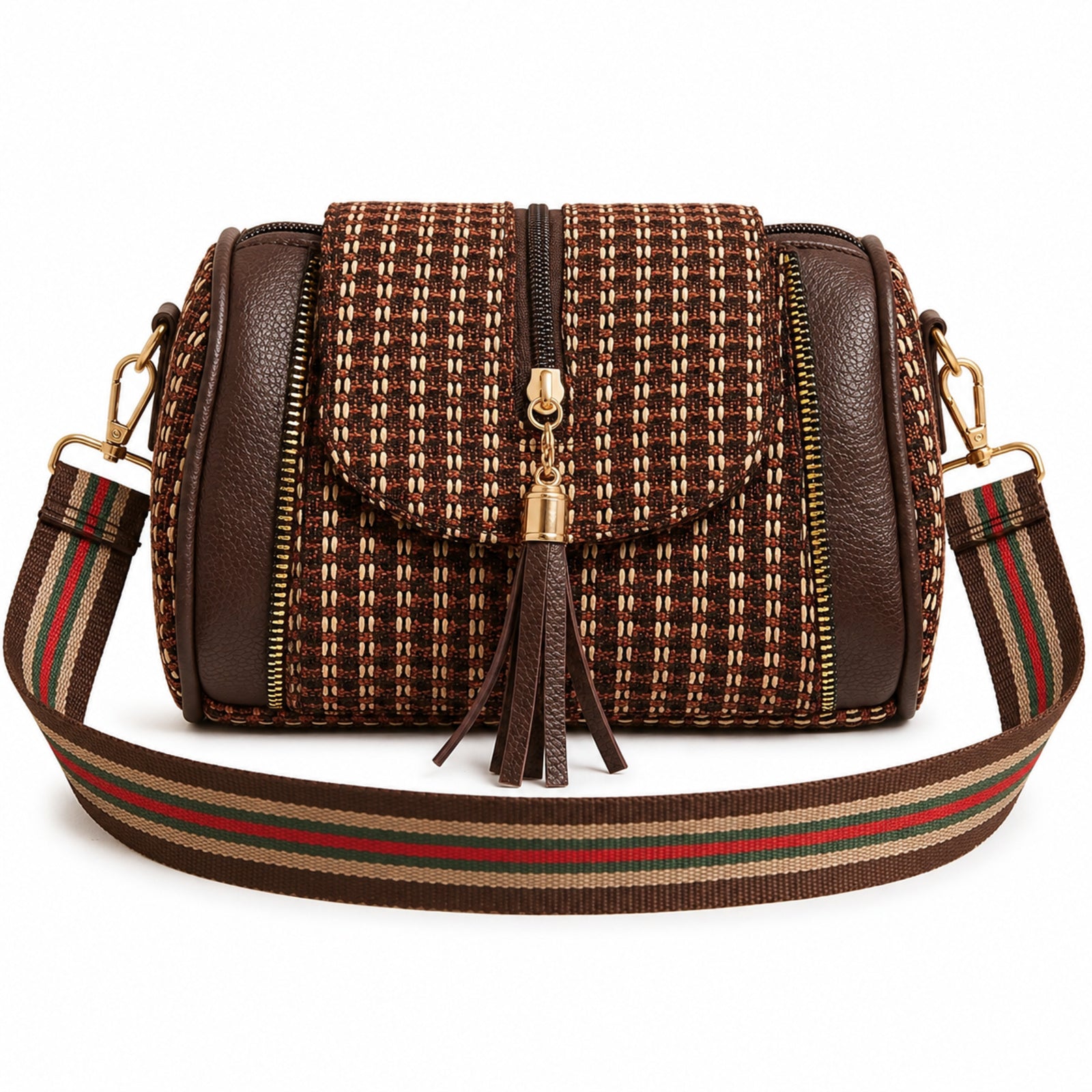 Women's Brown Textured Crossbody Sling Bag with Tassel Detail