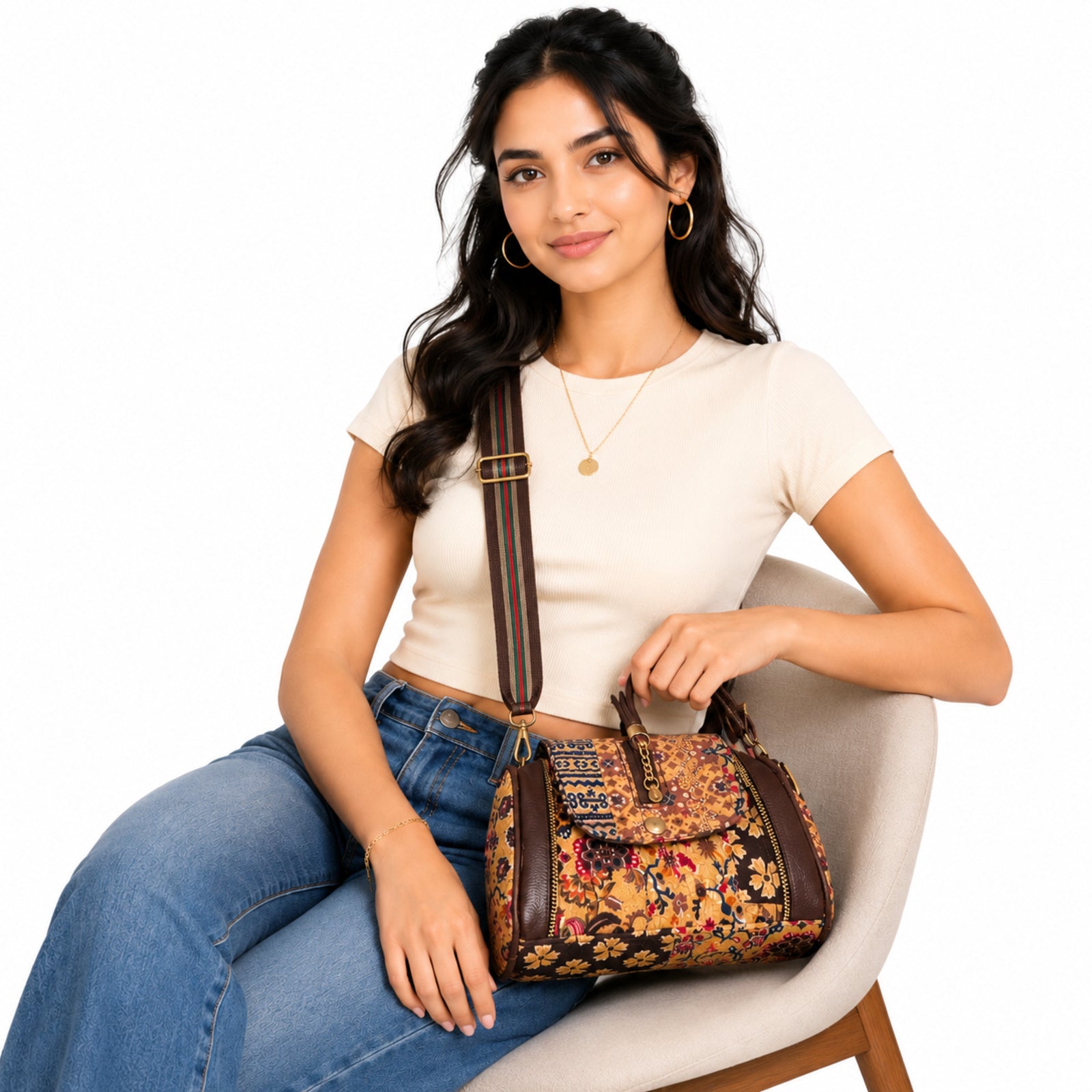Women's Mustard Floral Print Handheld & Crossbody Satchel Bag with Adjustable Strap
