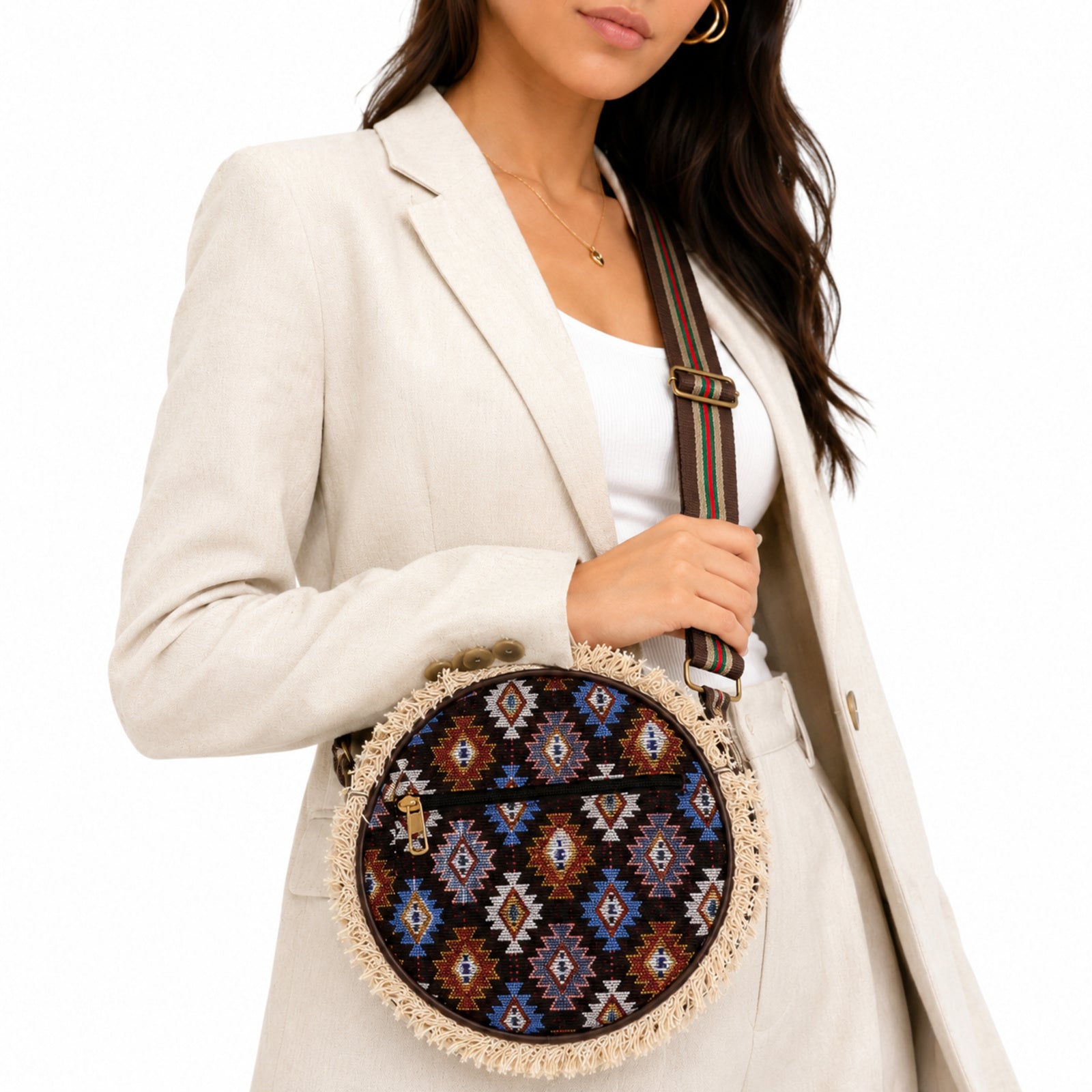 Women's Brown Tribal Print Round Crossbody Sling Bag with Fringe Detail