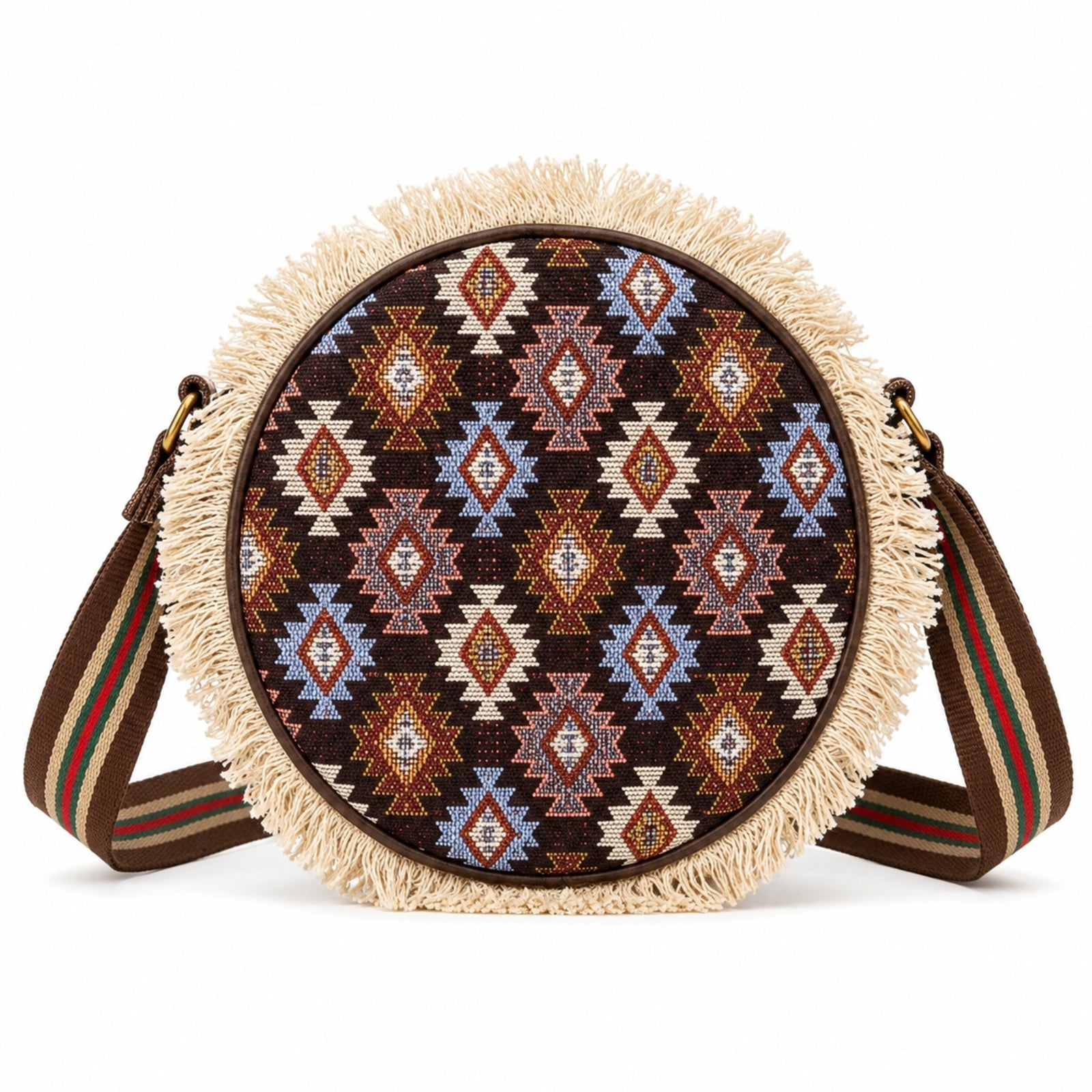 Women's Brown Tribal Print Round Crossbody Sling Bag with Fringe Detail