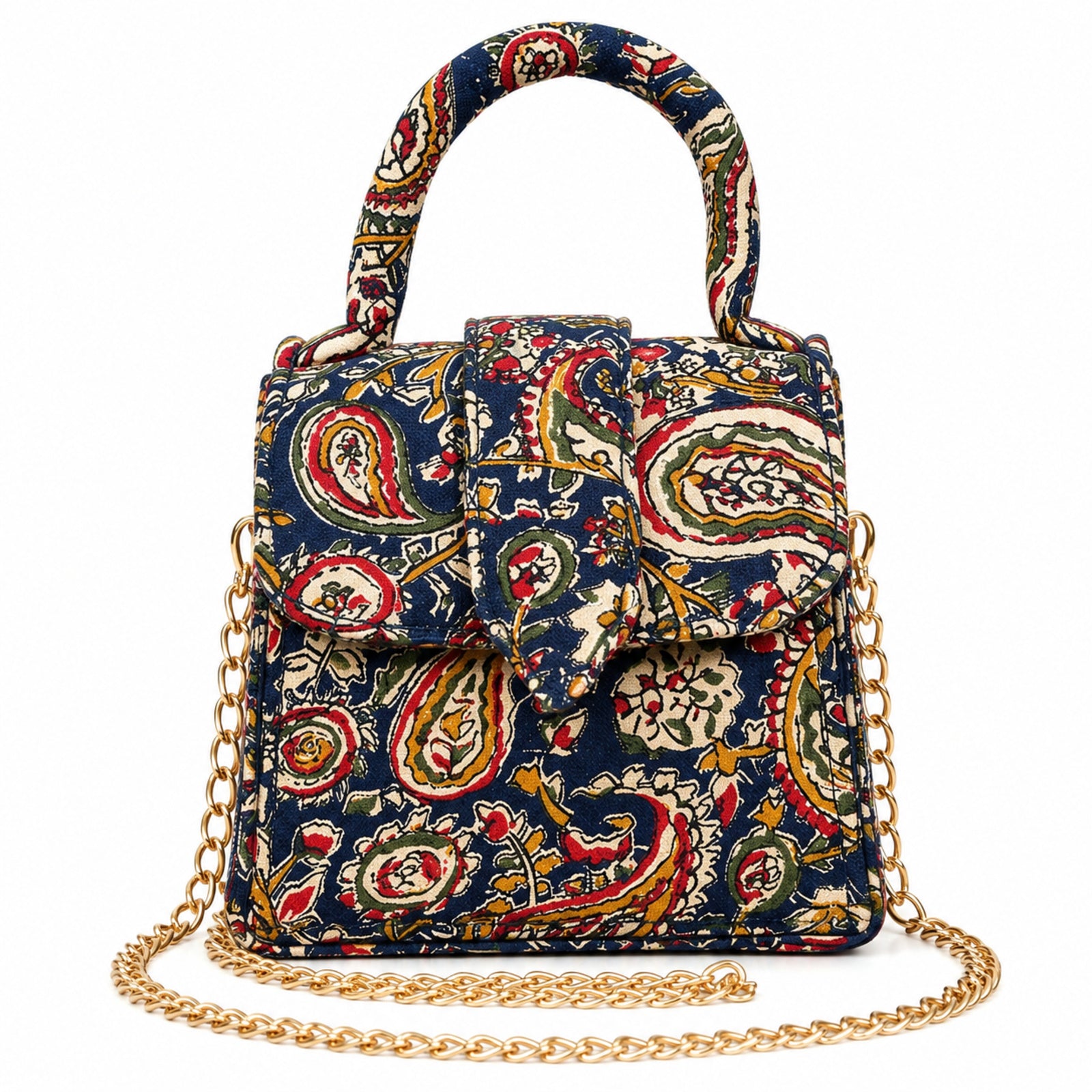 Women's Navy Blue Paisley Print Mini Handbag with Chain Strap