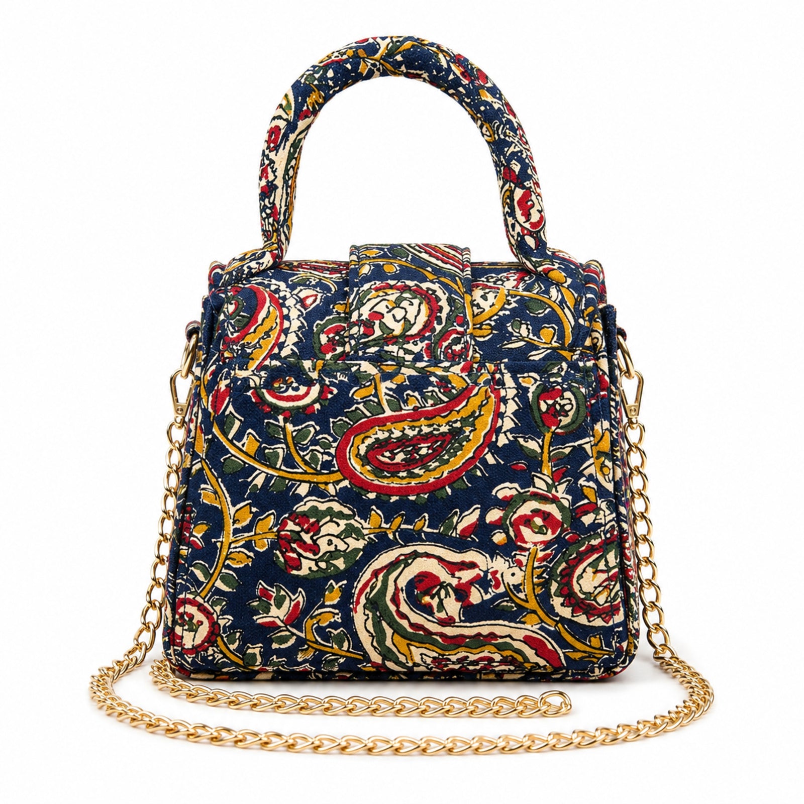Women's Navy Blue Paisley Print Mini Handbag with Chain Strap