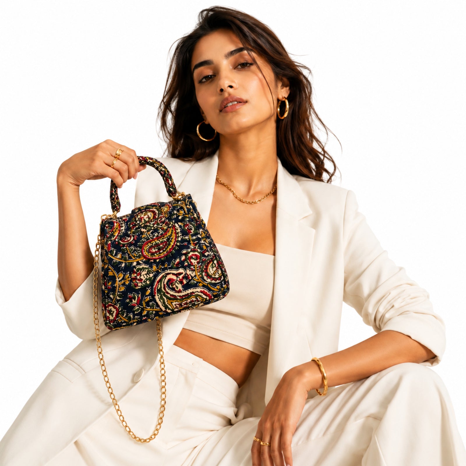 Women's Navy Blue Paisley Print Mini Handbag with Chain Strap
