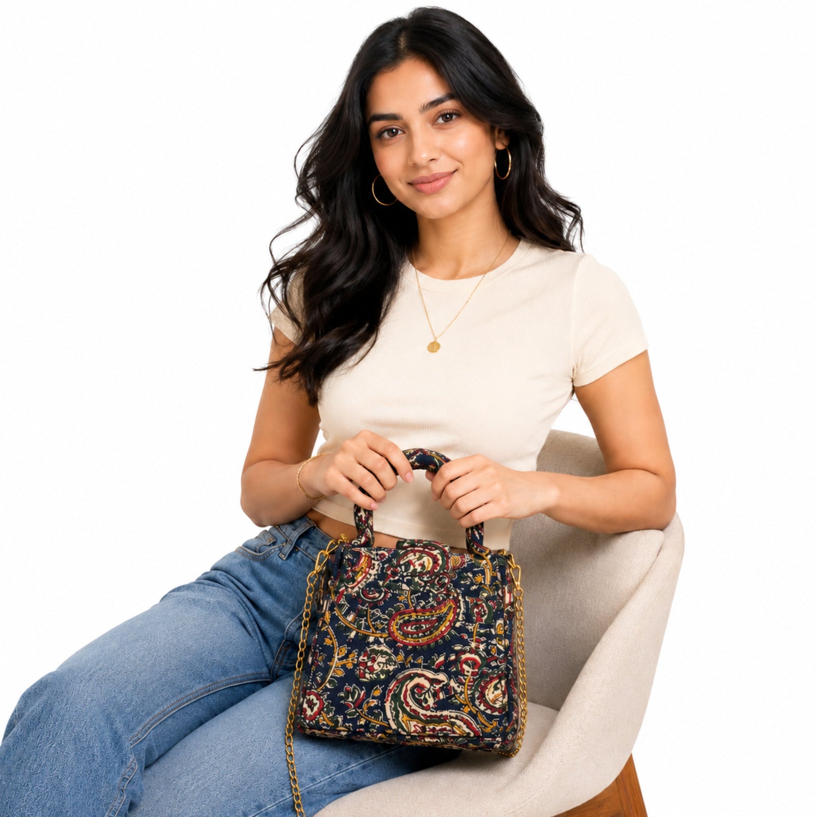 Women's Navy Blue Paisley Print Mini Handbag with Chain Strap
