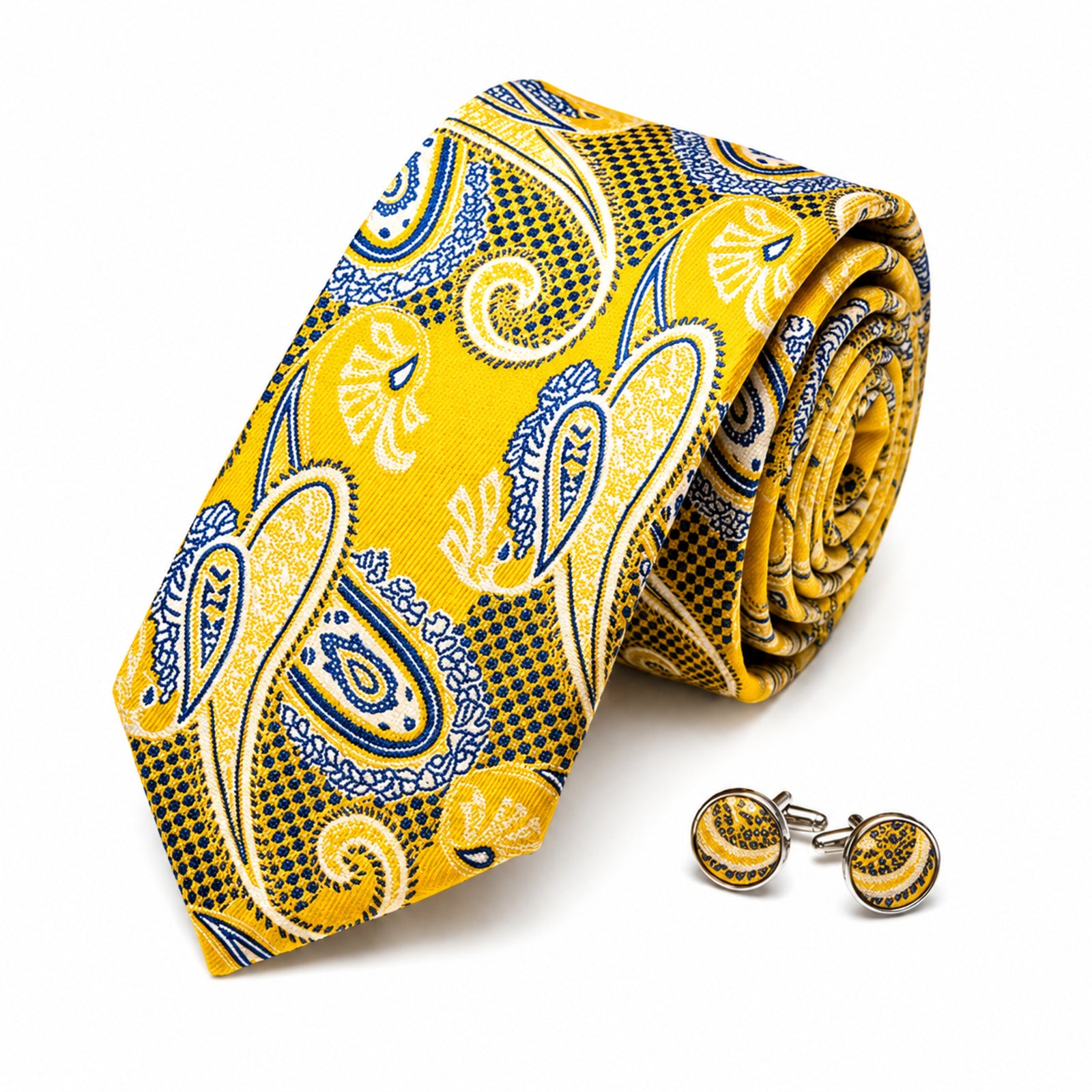 Men's Luxury Paisley-Patterned Yellow Silk Formal Necktie