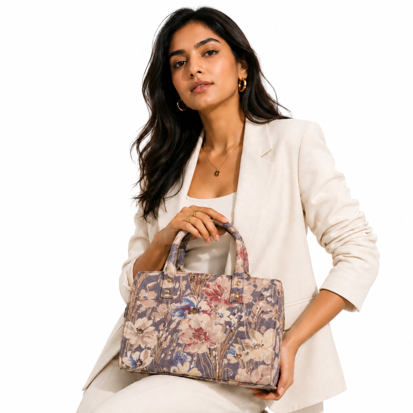 Women's Cream Floral Printed Mini Tote Handbag