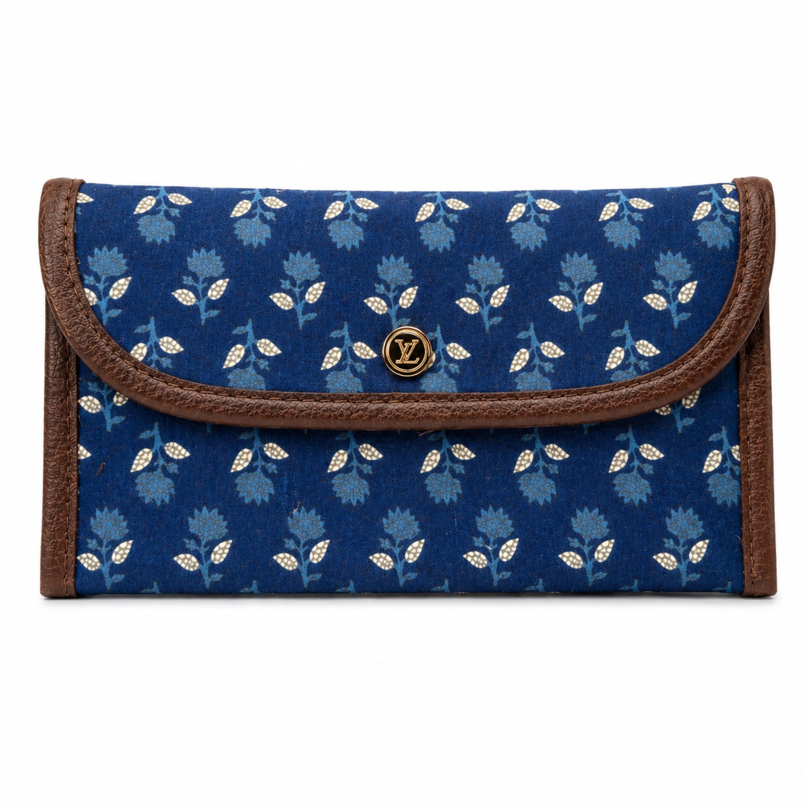 Women's Luxury Floral-Print Blue Canvas Clutch Wallet with Leather Trim